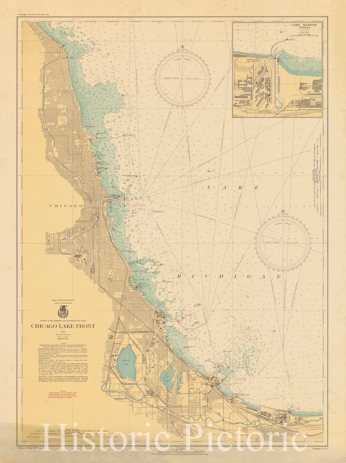 Historic Nautical Map - Chicago Lake Front, 1939 NOAA Chart - Illinois (IL) - Vintage Wall Art