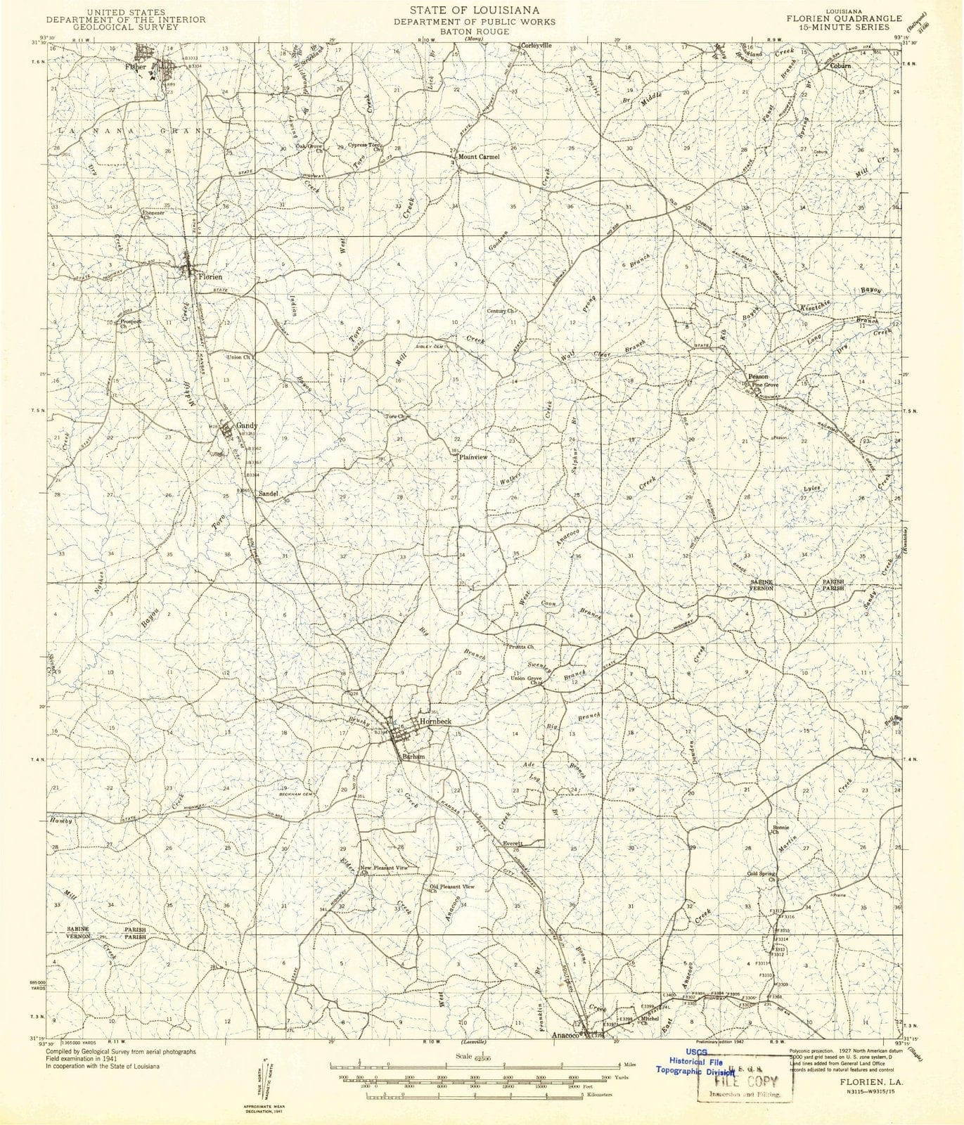 1942 Florien, LA - Louisiana - USGS Topographic Map
