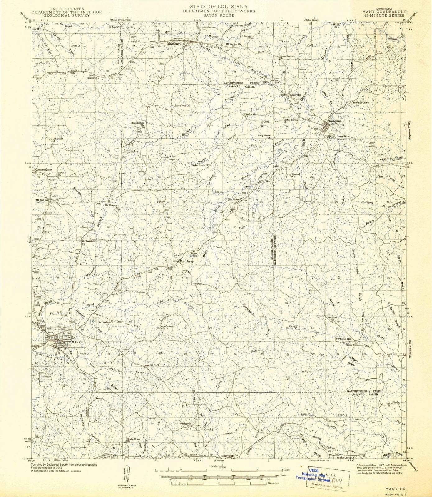 1942 Many, LA - Louisiana - USGS Topographic Map