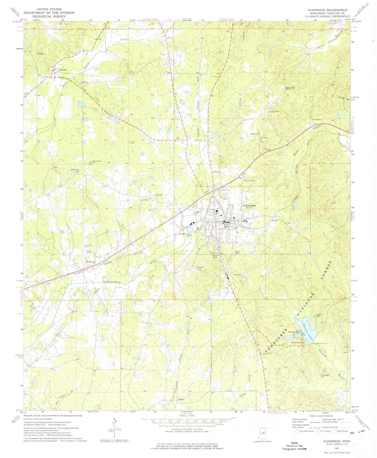 1972 Ackerman, MS Mississippi USGS Topographic Map Historic Pictoric