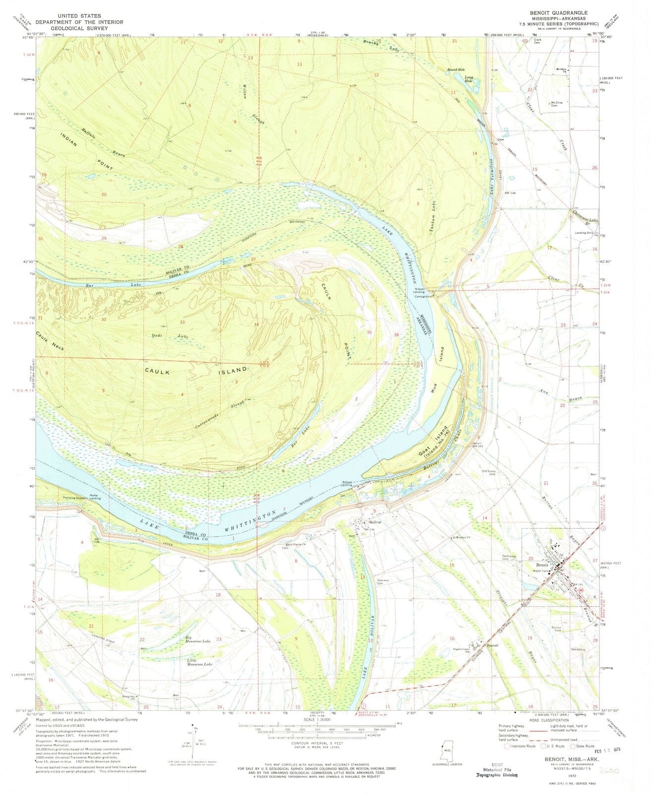 1972 Benoit, MS Mississippi USGS Topographic Map Historic Pictoric