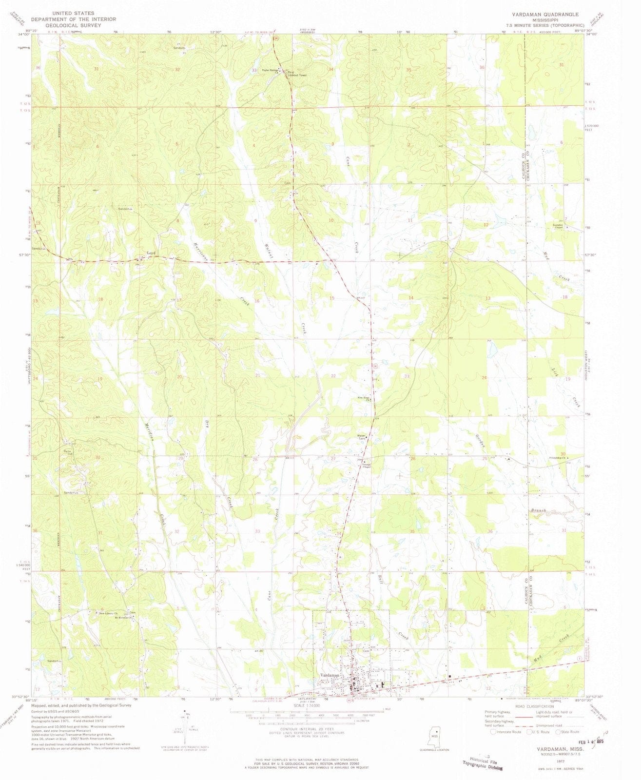 1972 Vardaman, MS Mississippi USGS Topographic Map Historic Pictoric
