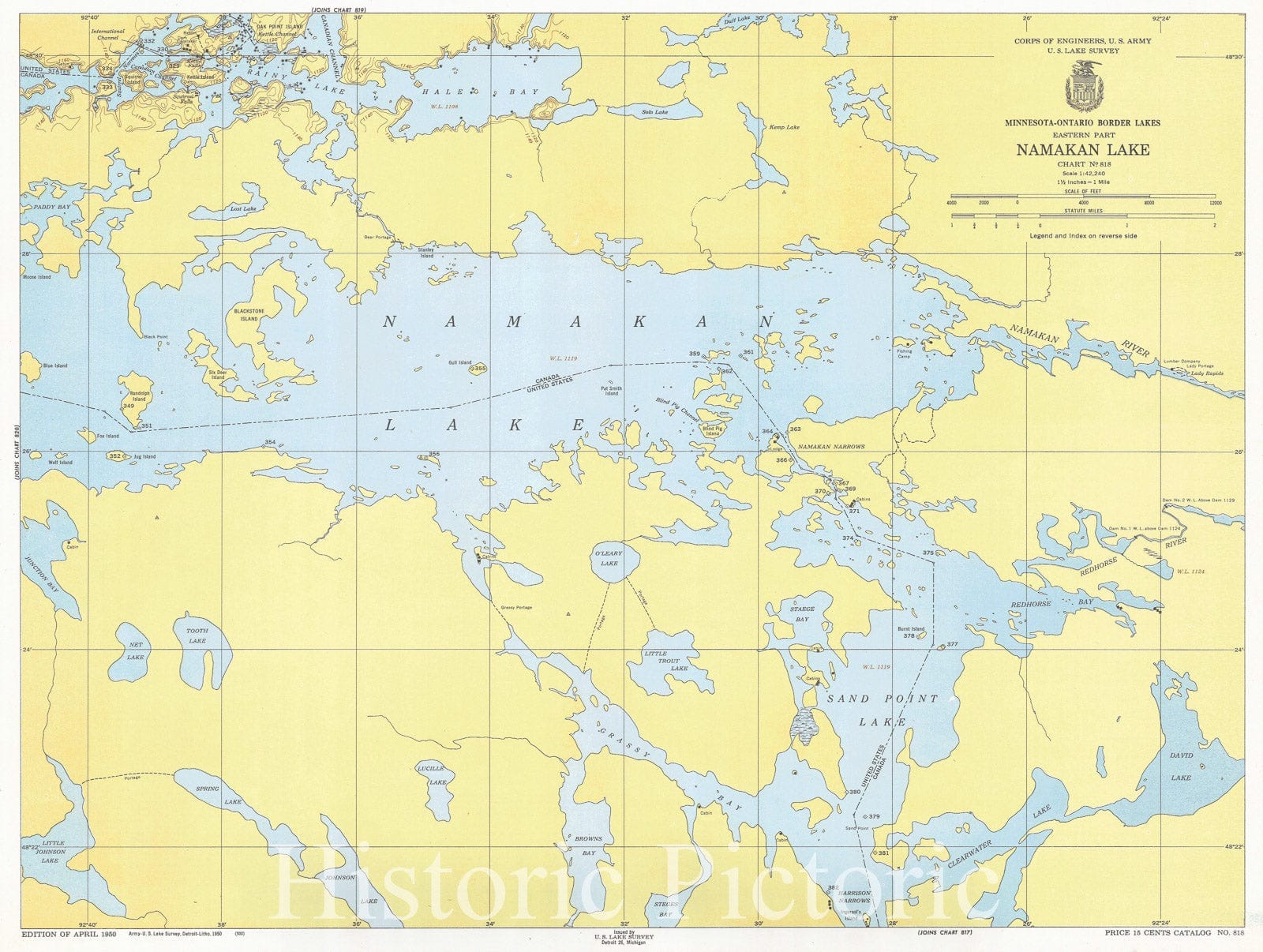 Historic Nautical Map - Minnesota-Ontario Border Lakes Eastern Part Namakan Lake, 1950 NOAA Chart - Minnesota (MN) - Vintage Wall Art