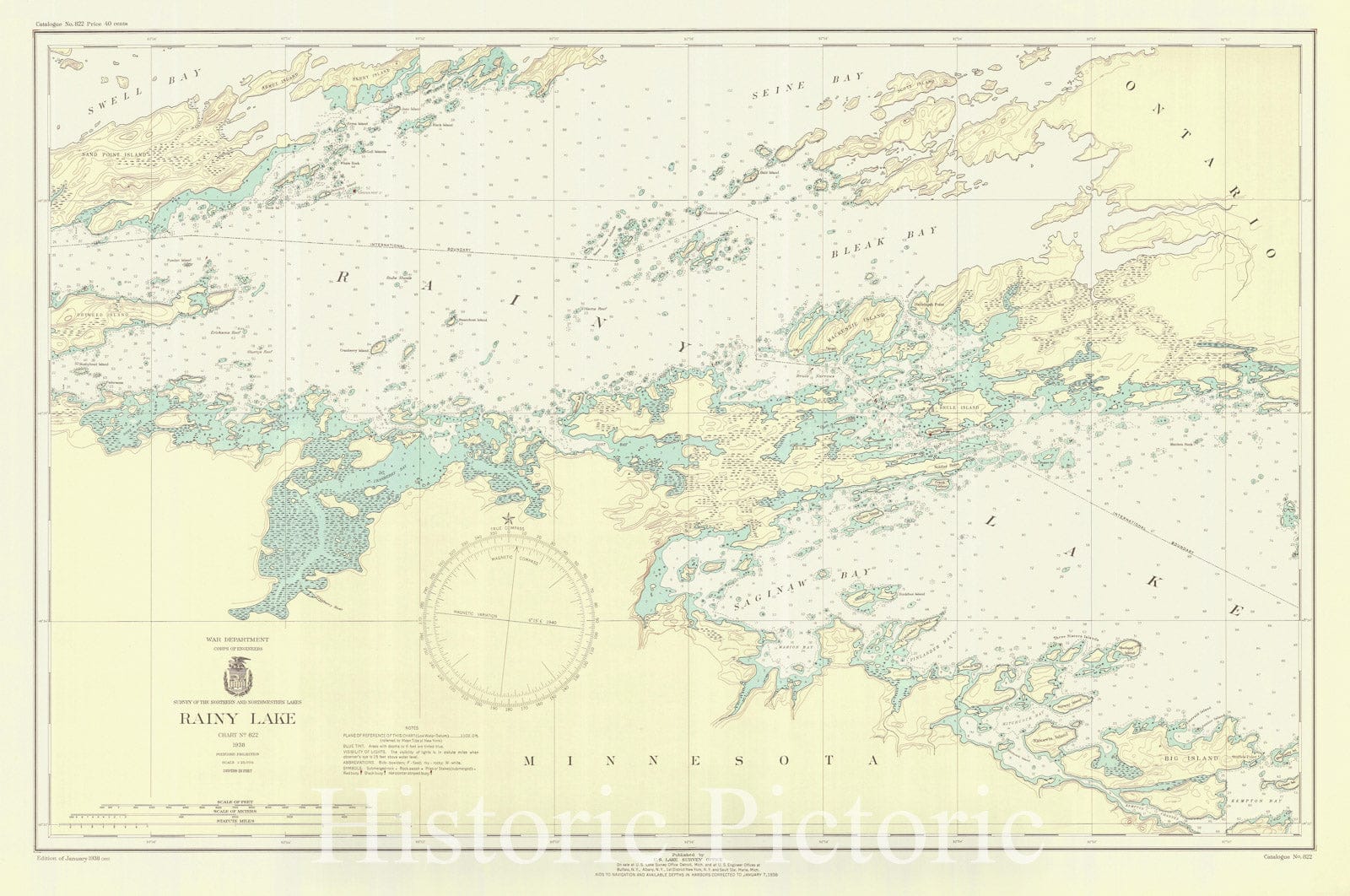 Historic Nautical Map - Rainy Lake, 1938 NOAA Chart - Minnesota (MN) - Vintage Wall Art