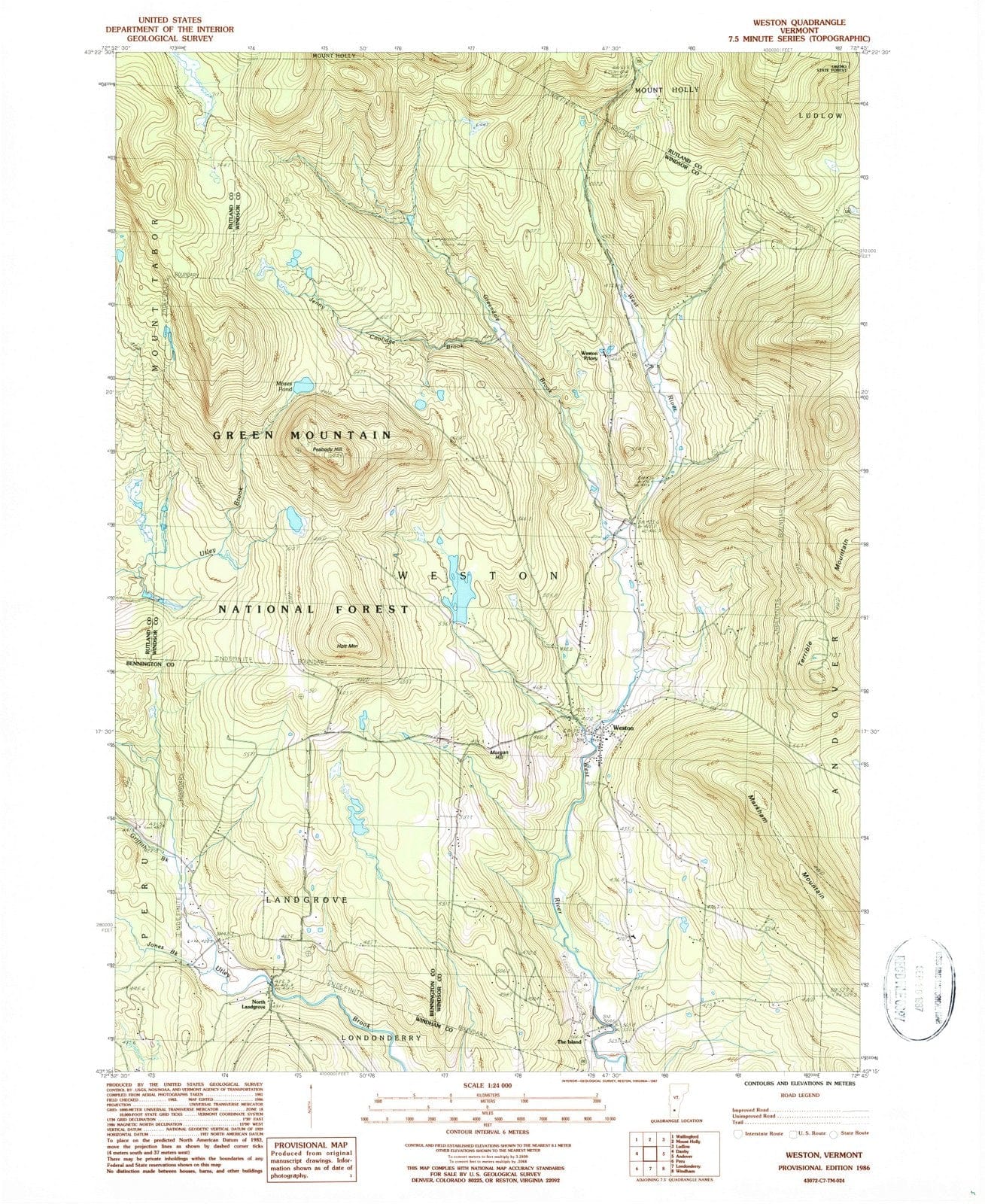 1986 Weston, VT - Vermont - USGS Topographic Map