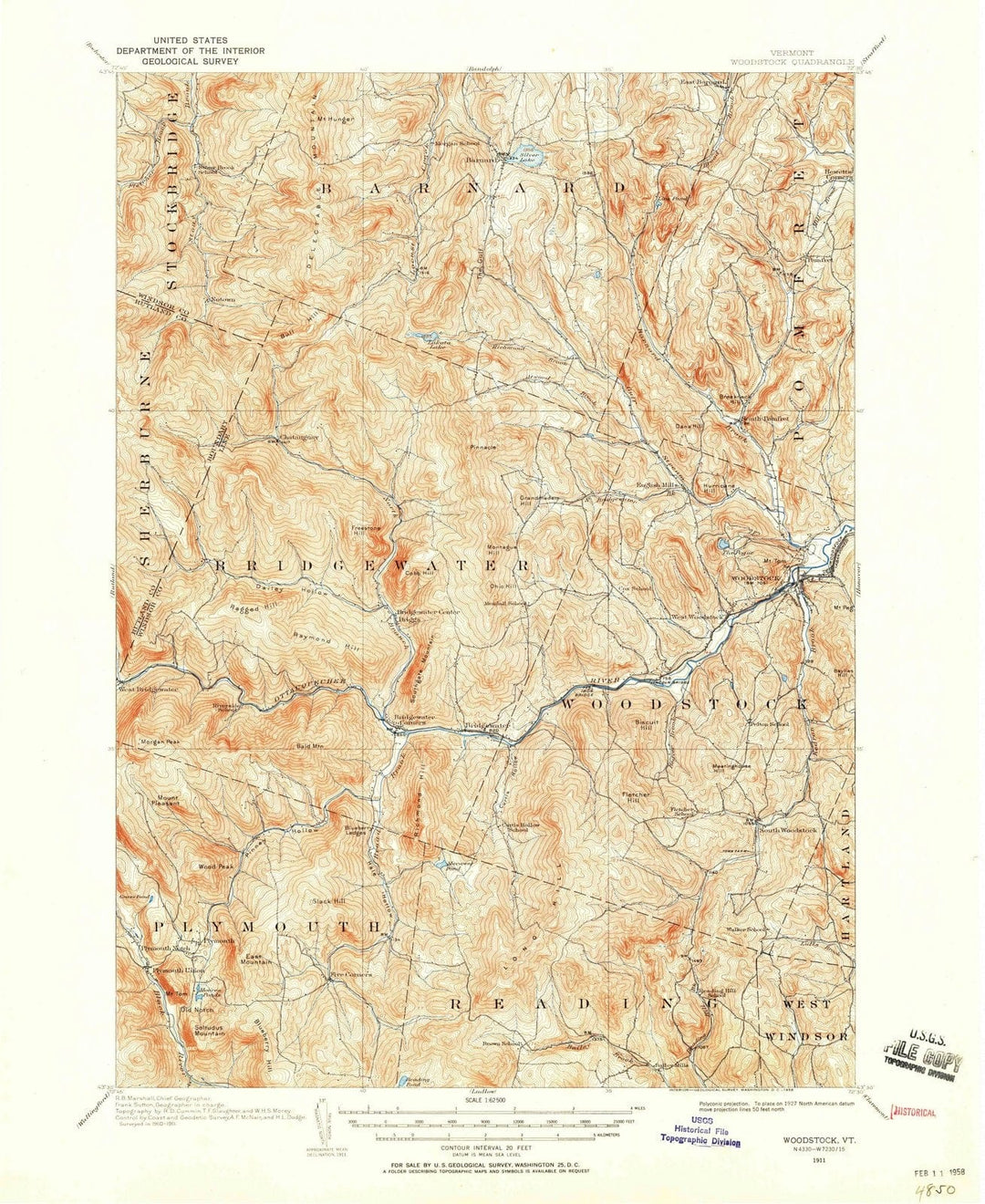 1911 Woodstock, VT - Vermont - USGS Topographic Map