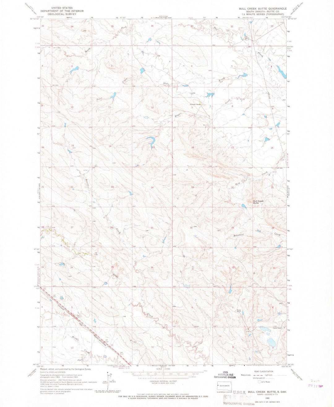 1965 Bull Creek Butte, SD - South Dakota - USGS Topographic Map