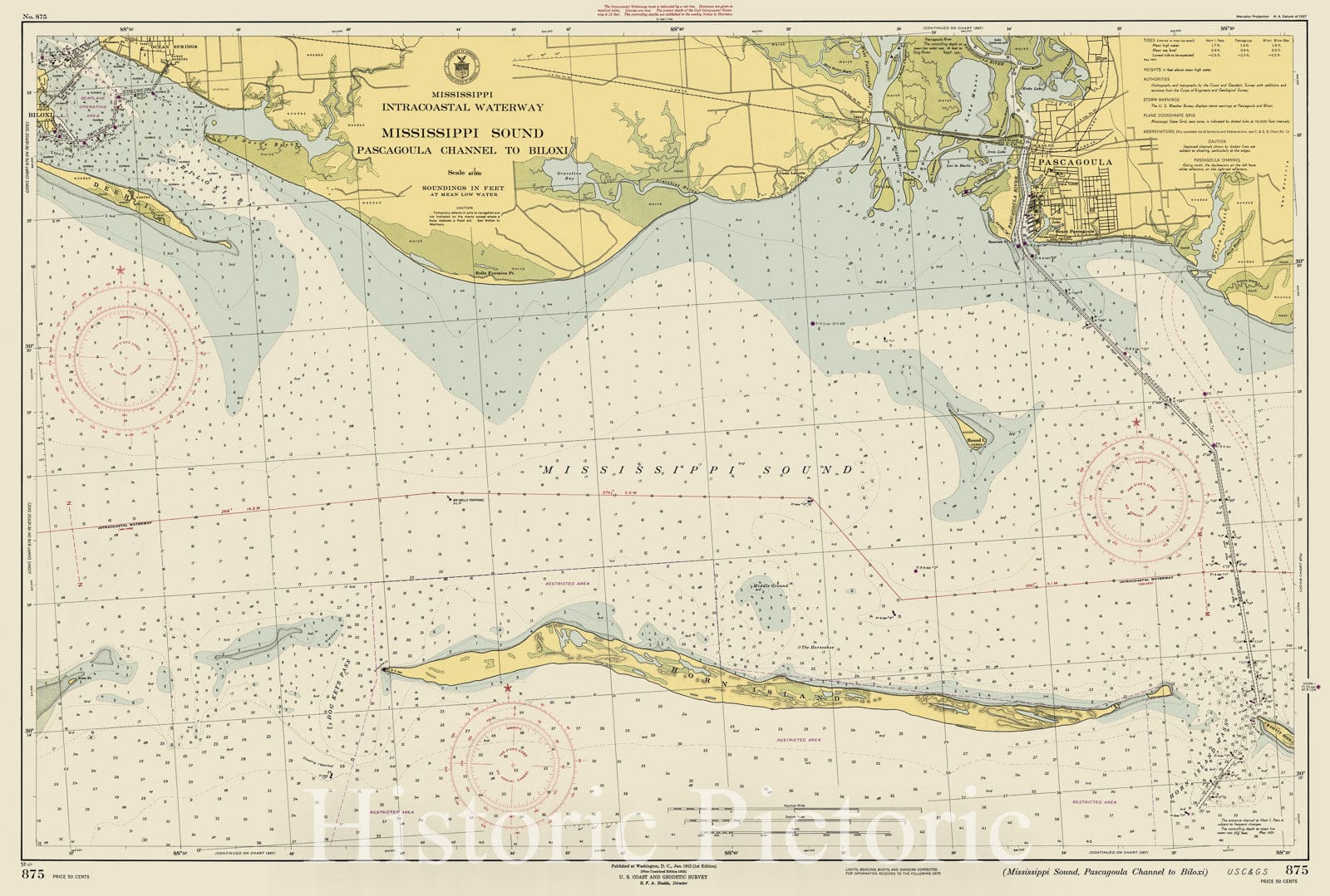 Historic Nautical Map Mississippi Sound Pascagoula Channel, 1952 N