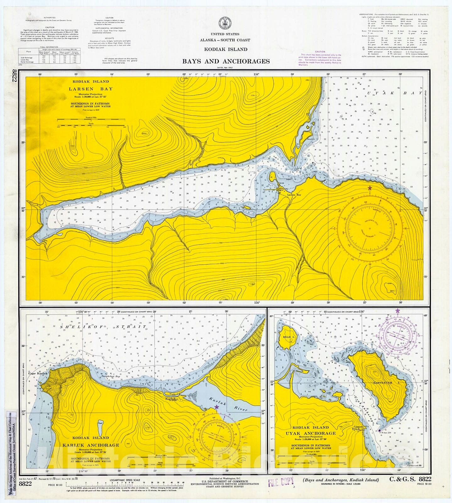 Historic Nautical Map Bays And Anchorages, Kodiak Island, 1970 NOAA
