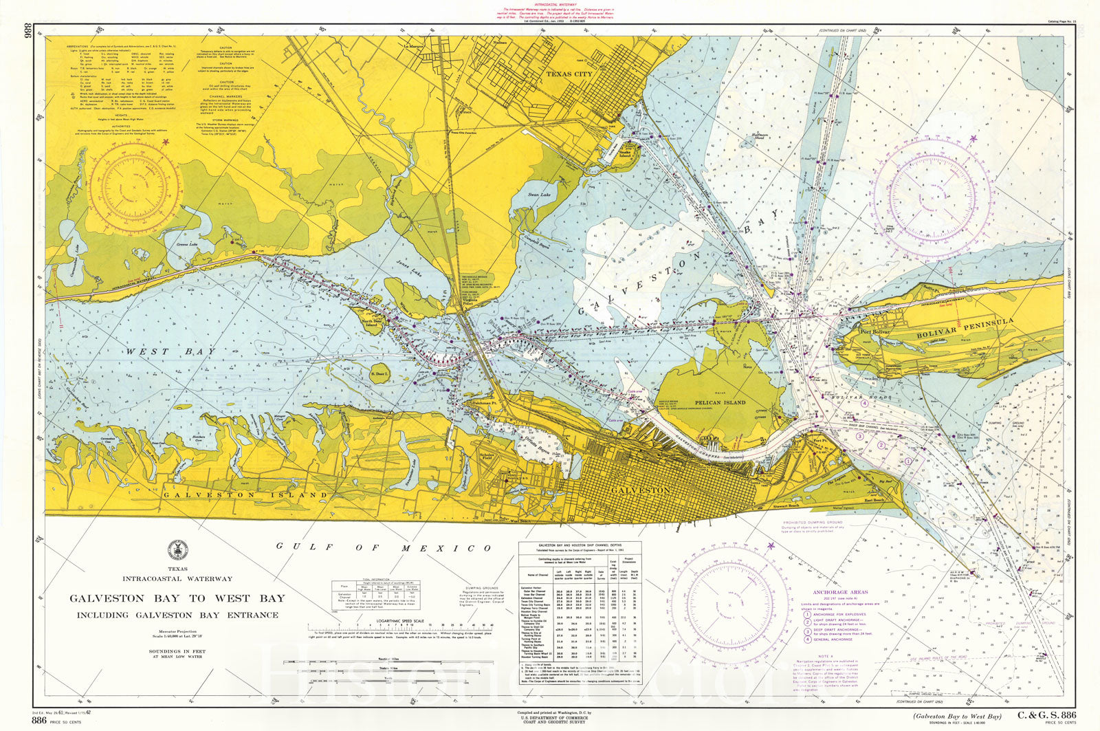 Historic Nautical Map Galveston Bay To West Bay, 1962 NOAA Chart T