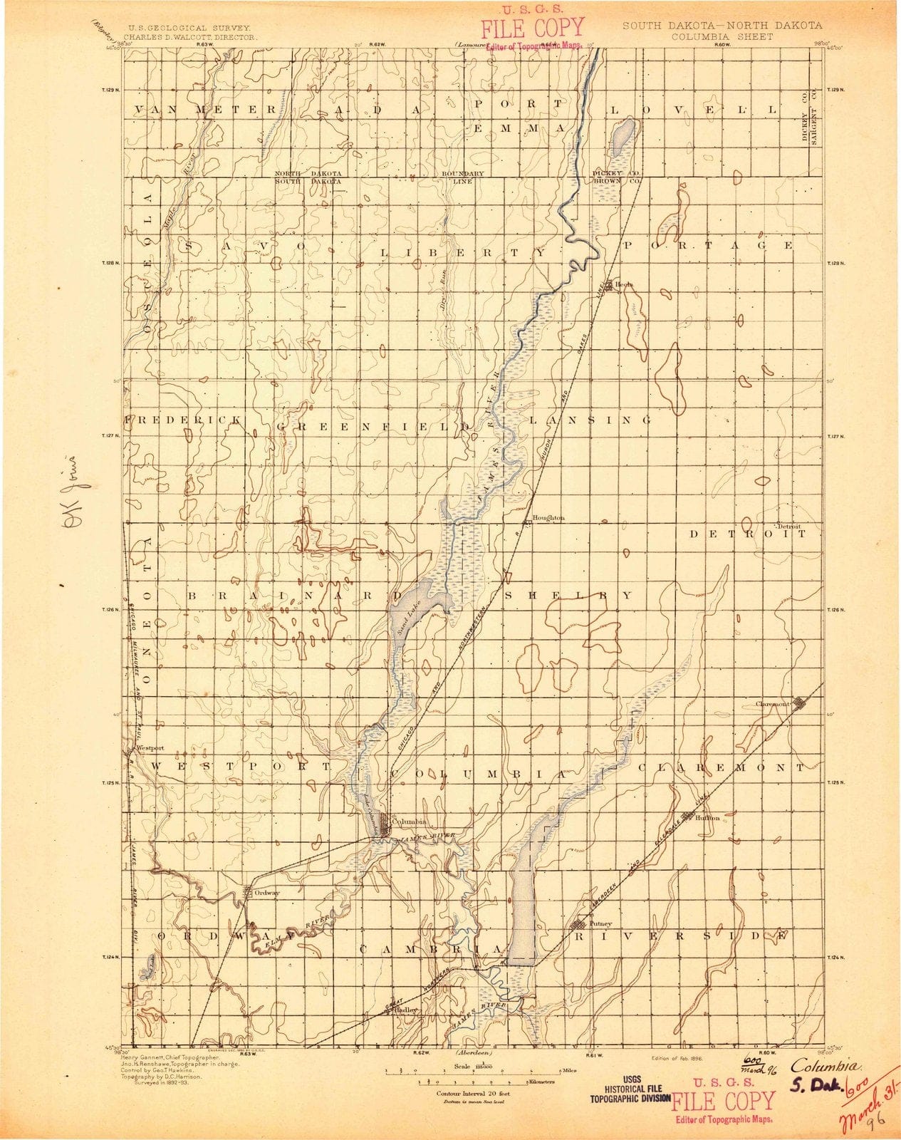 1896 Columbia, SD - South Dakota - USGS Topographic Map