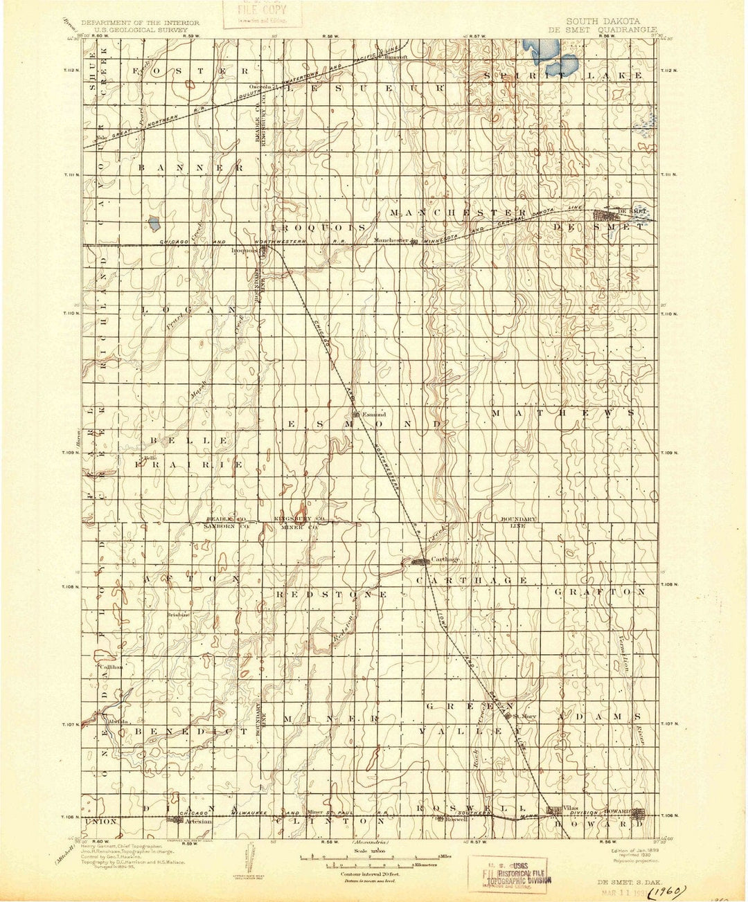 1899 De SMET, SD - South Dakota - USGS Topographic Map