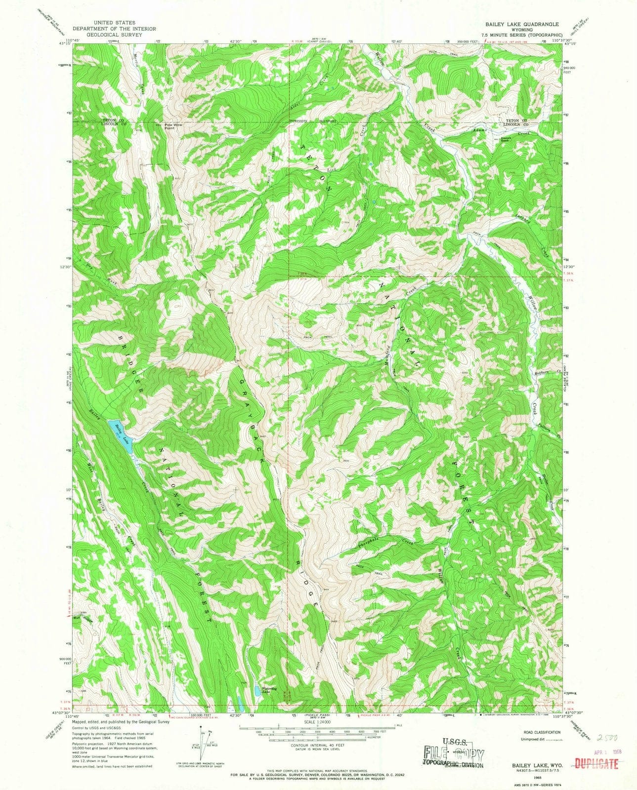 1965 Bailey Lake, WY - Wyoming - USGS Topographic Map