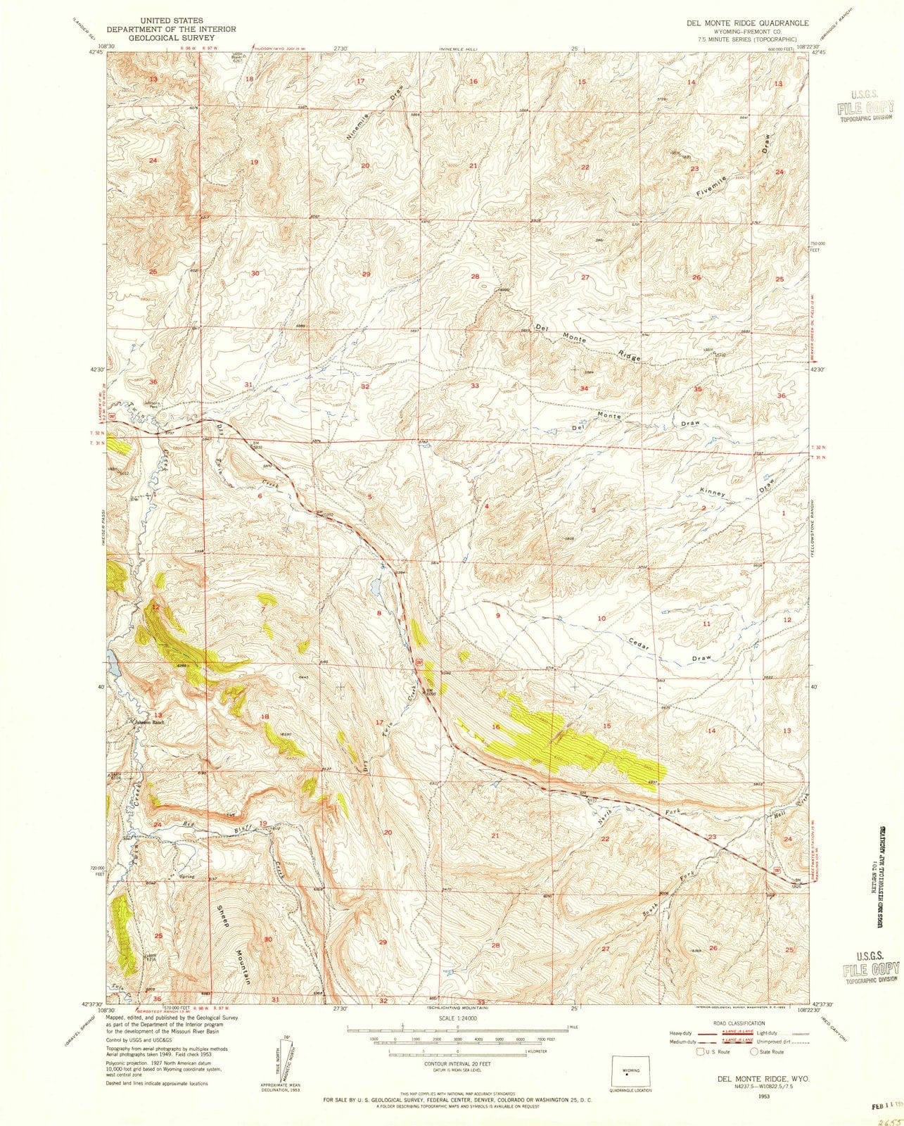 1953 Del Monte Ridge, WY - Wyoming - USGS Topographic Map