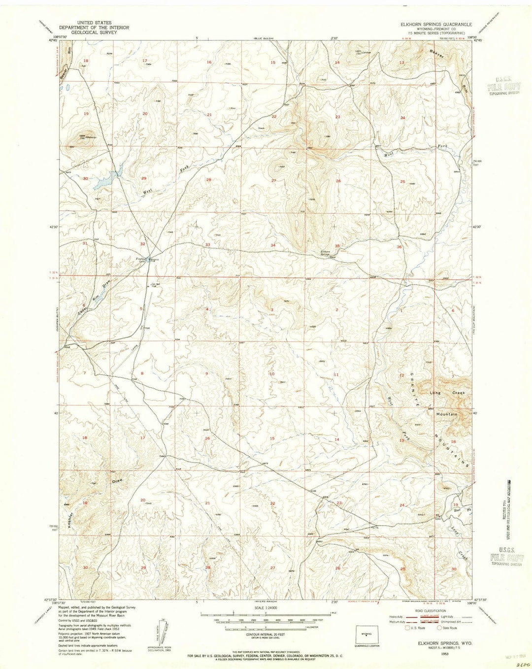 1953 Elkhorn Springs, WY - Wyoming - USGS Topographic Map