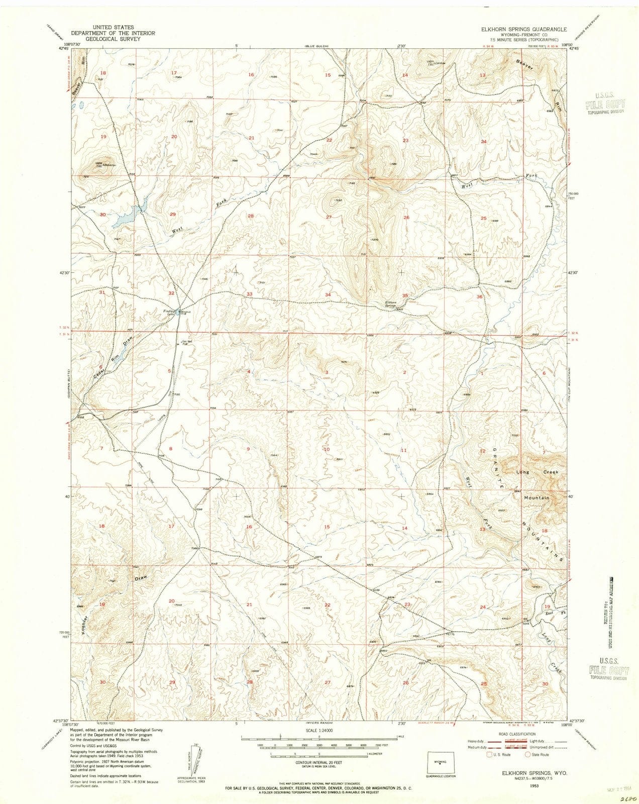 1953 Elkhorn Springs, WY - Wyoming - USGS Topographic Map