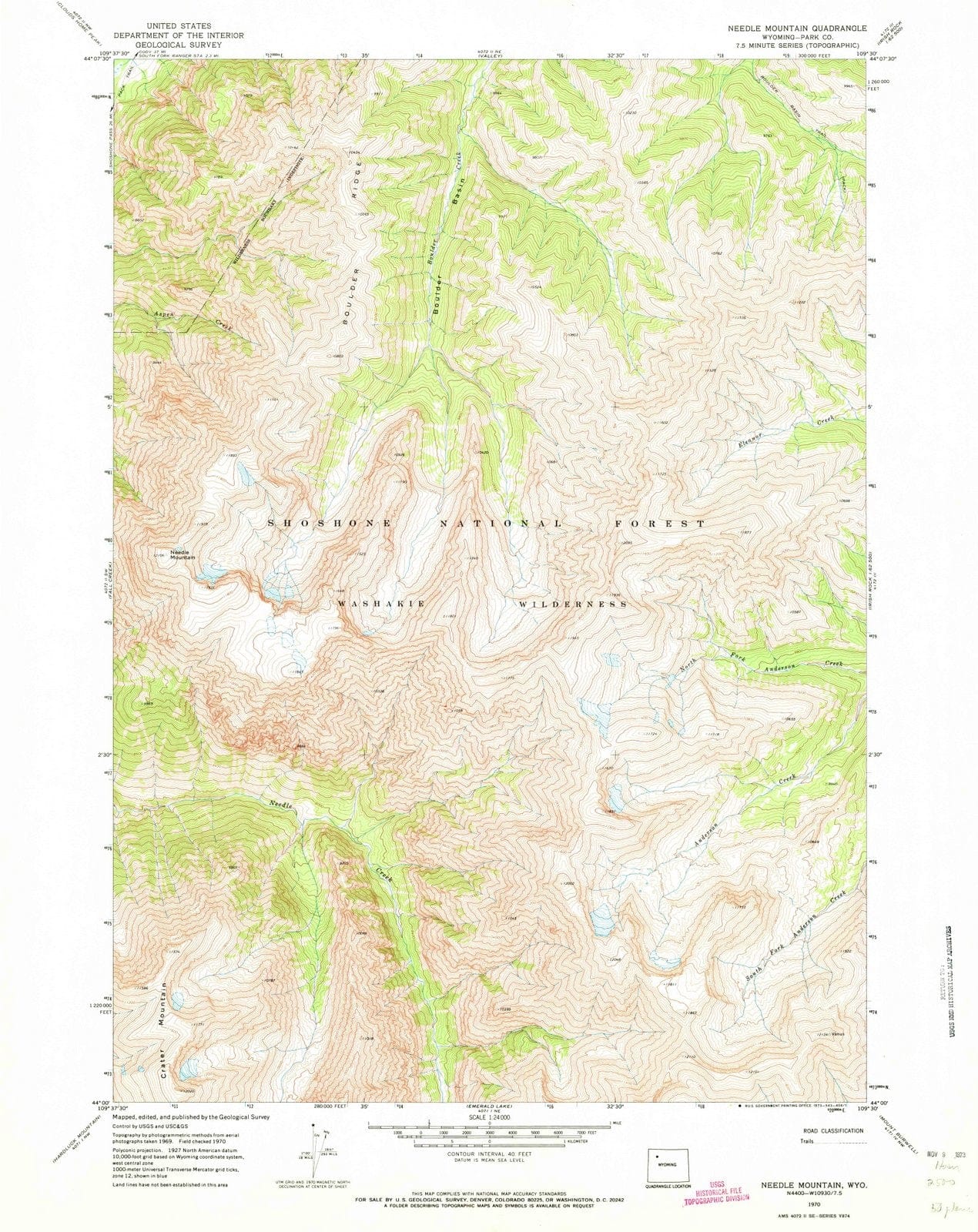 1970 Needle Mountain, WY - Wyoming - USGS Topographic Map