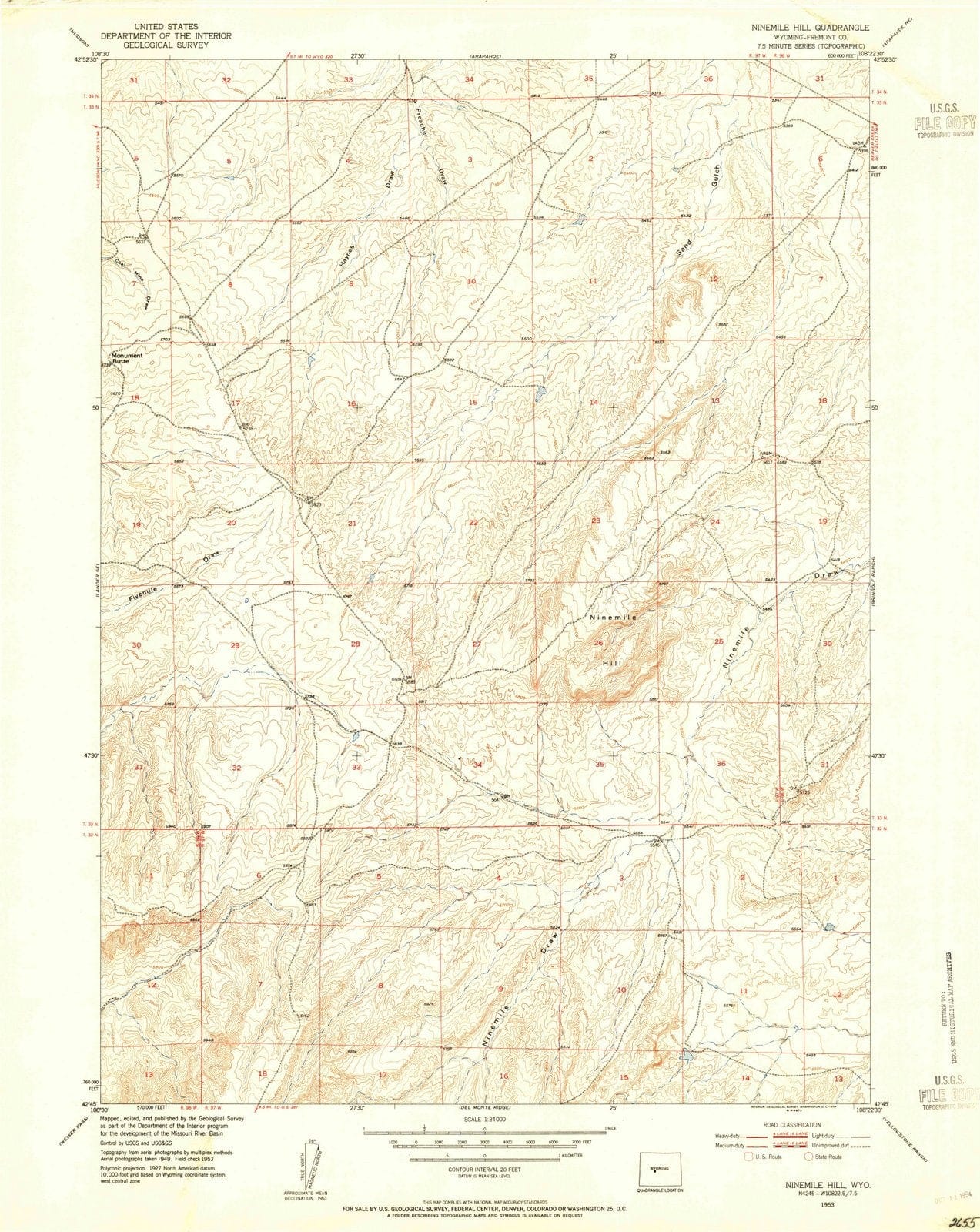 1953 Ninemile Hill, WY - Wyoming - USGS Topographic Map