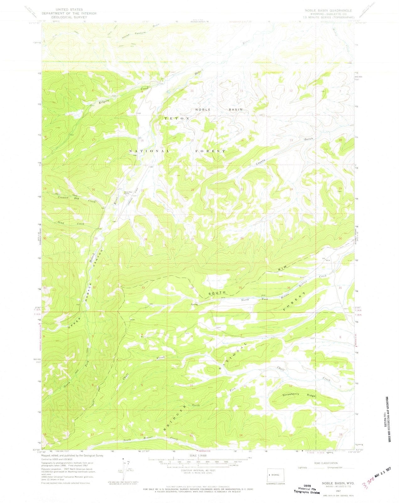 1967 Noble Basin, WY - Wyoming - USGS Topographic Map