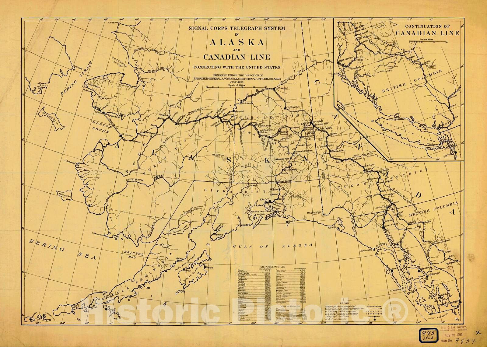 Historic Nautical Map - Signal Corps Telegraph System In Alaska And Canadian Line Connecting With The United States, 1903 NOAA Cartographic - Alaska (AK) - Vintage Wall Art
