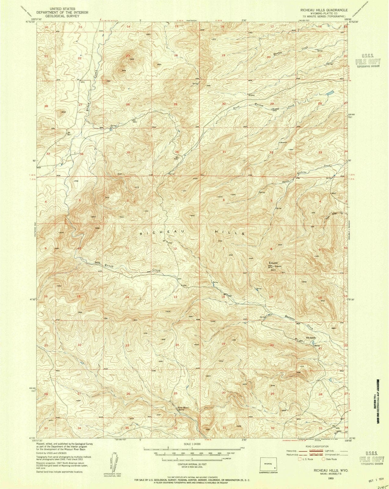 1953 Richeau Hills, WY - Wyoming - USGS Topographic Map