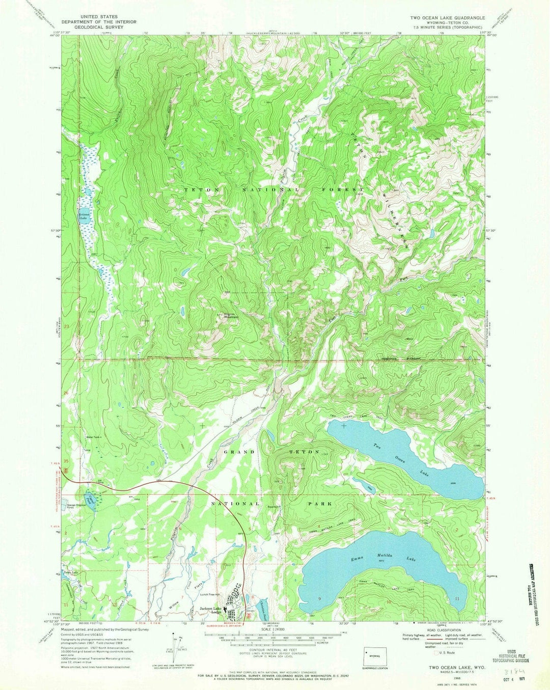 1968 Two Ocean Lake, WY - Wyoming - USGS Topographic Map