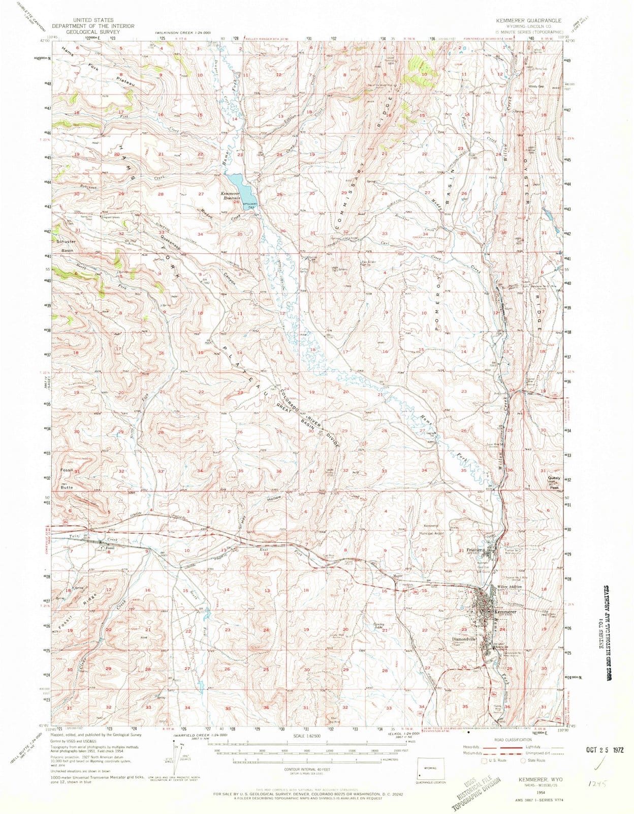 1954 Kemmerer, WY Wyoming USGS Topographic Map Historic Pictoric
