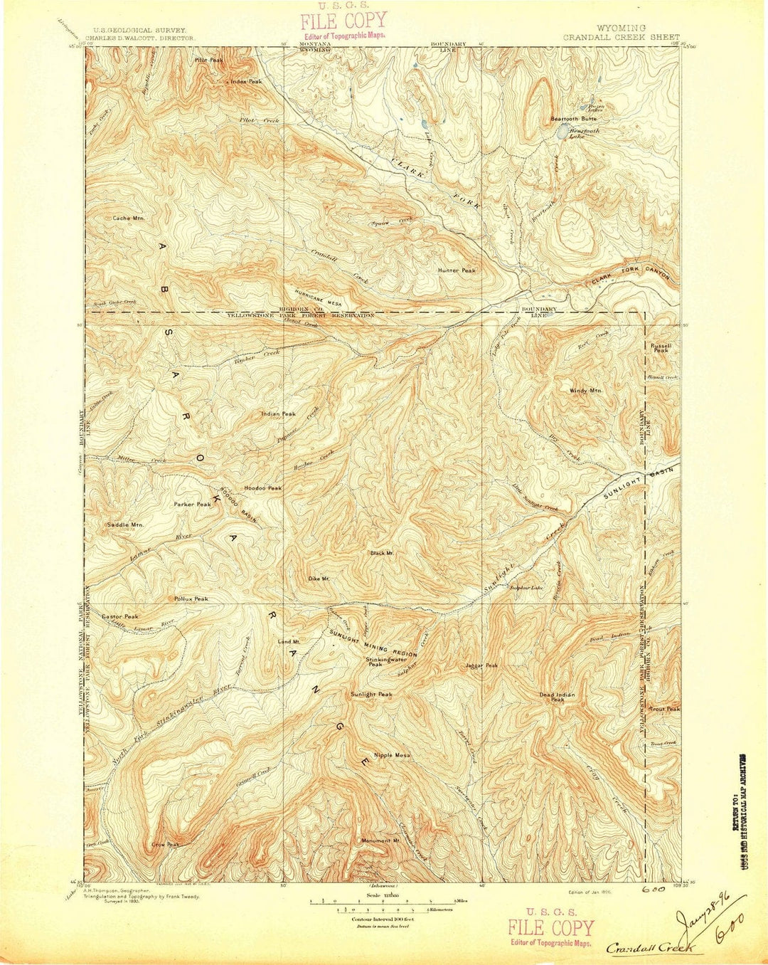 1896 Crandall Creek, WY - Wyoming - USGS Topographic Map