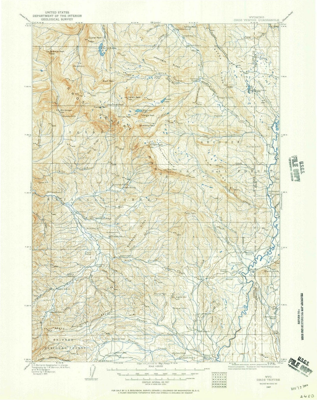 1907 Gros Ventre, WY - Wyoming - USGS Topographic Map