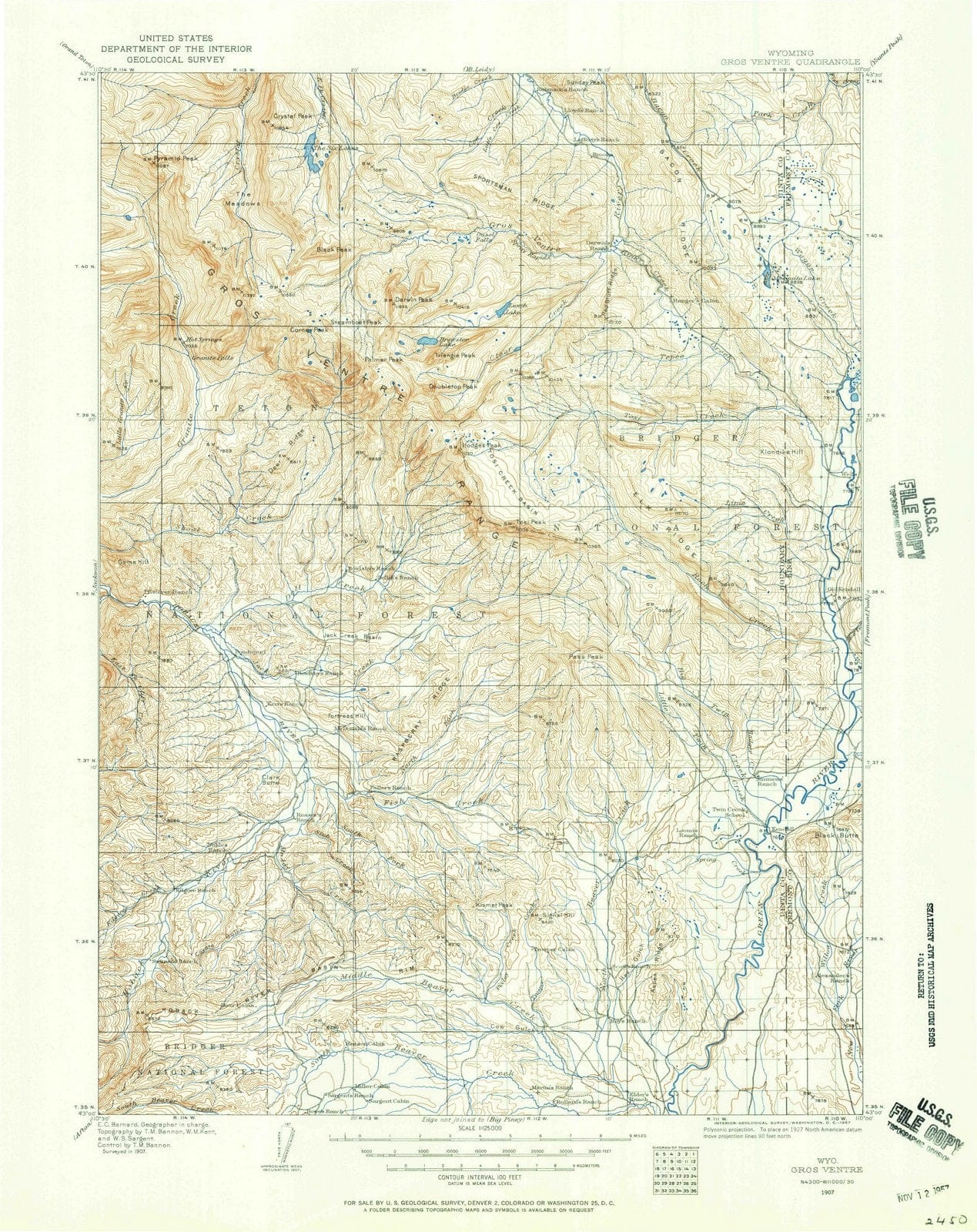 1907 Gros Ventre, WY - Wyoming - USGS Topographic Map
