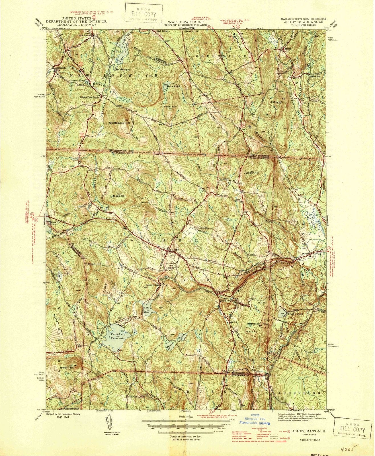 1946 Ashby, MA Massachusetts USGS Topographic Map Historic Pictoric