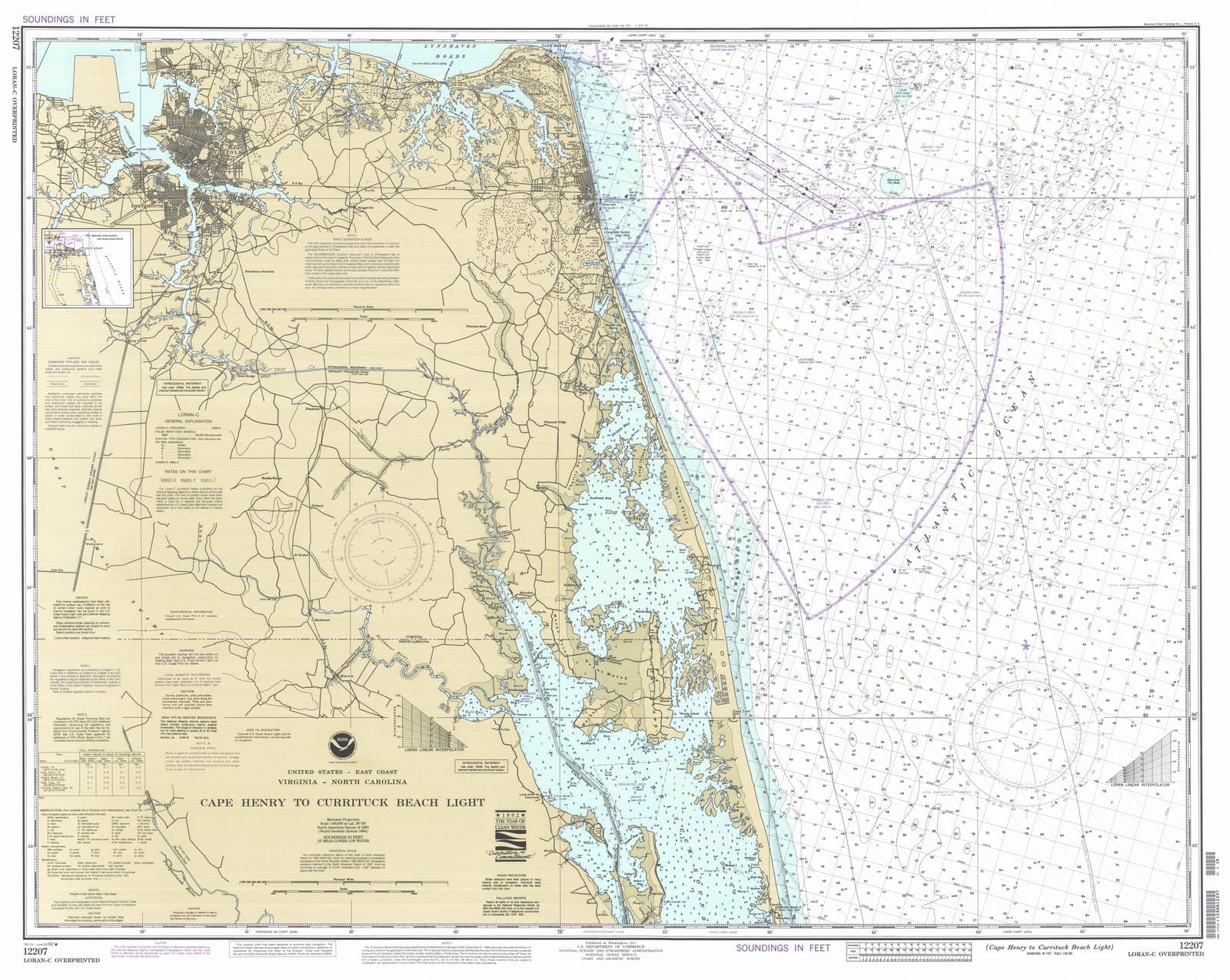 Historic Nautical Map - Cape Henry To Currituck Beach Light, 1992 NOAA Chart - Virginia, North Carolina (VA, NC) - Vintage Wall Art