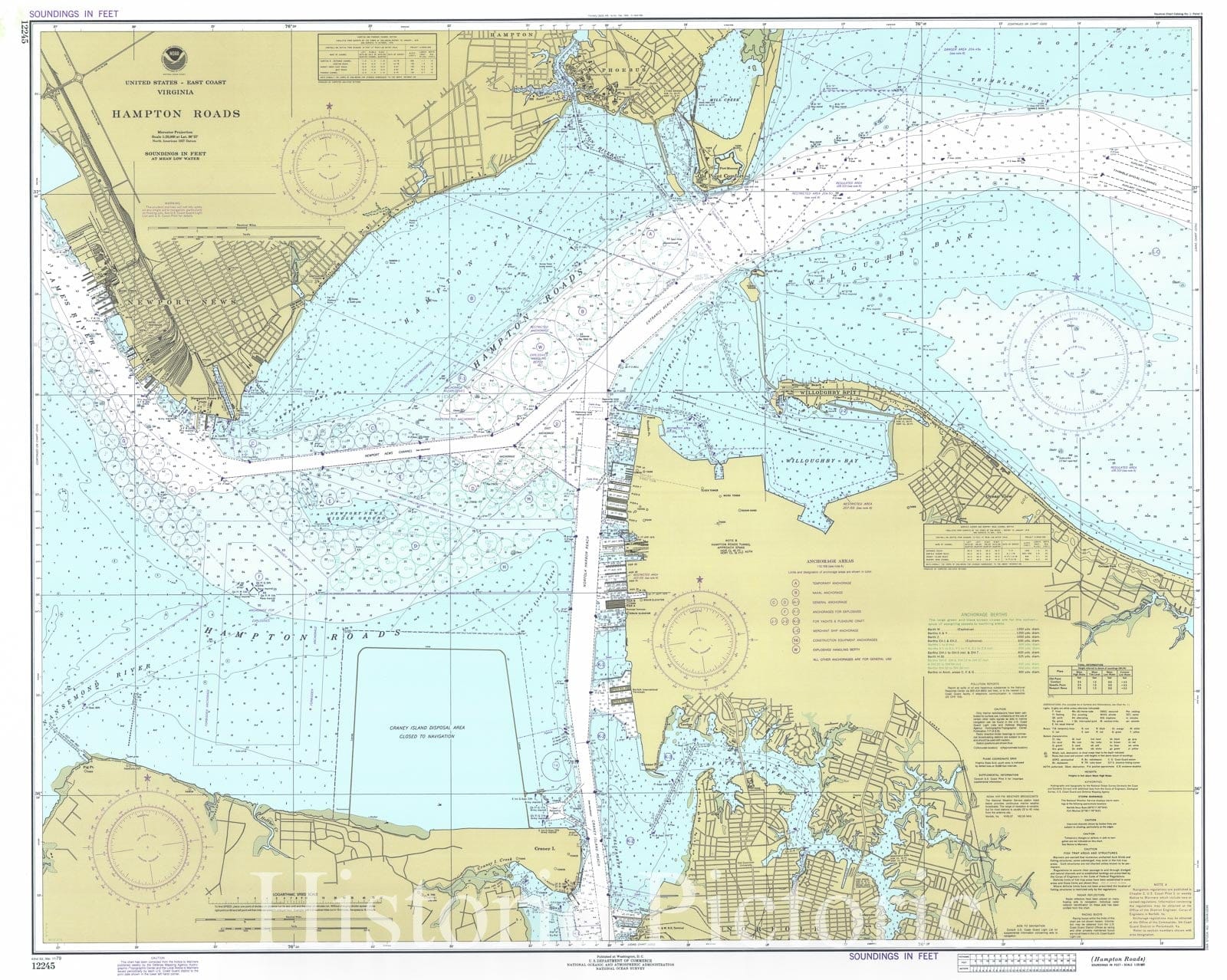 Historic Nautical Map - Hampton Roads, 1979 NOAA Chart - Virginia (VA) - Vintage Wall Art