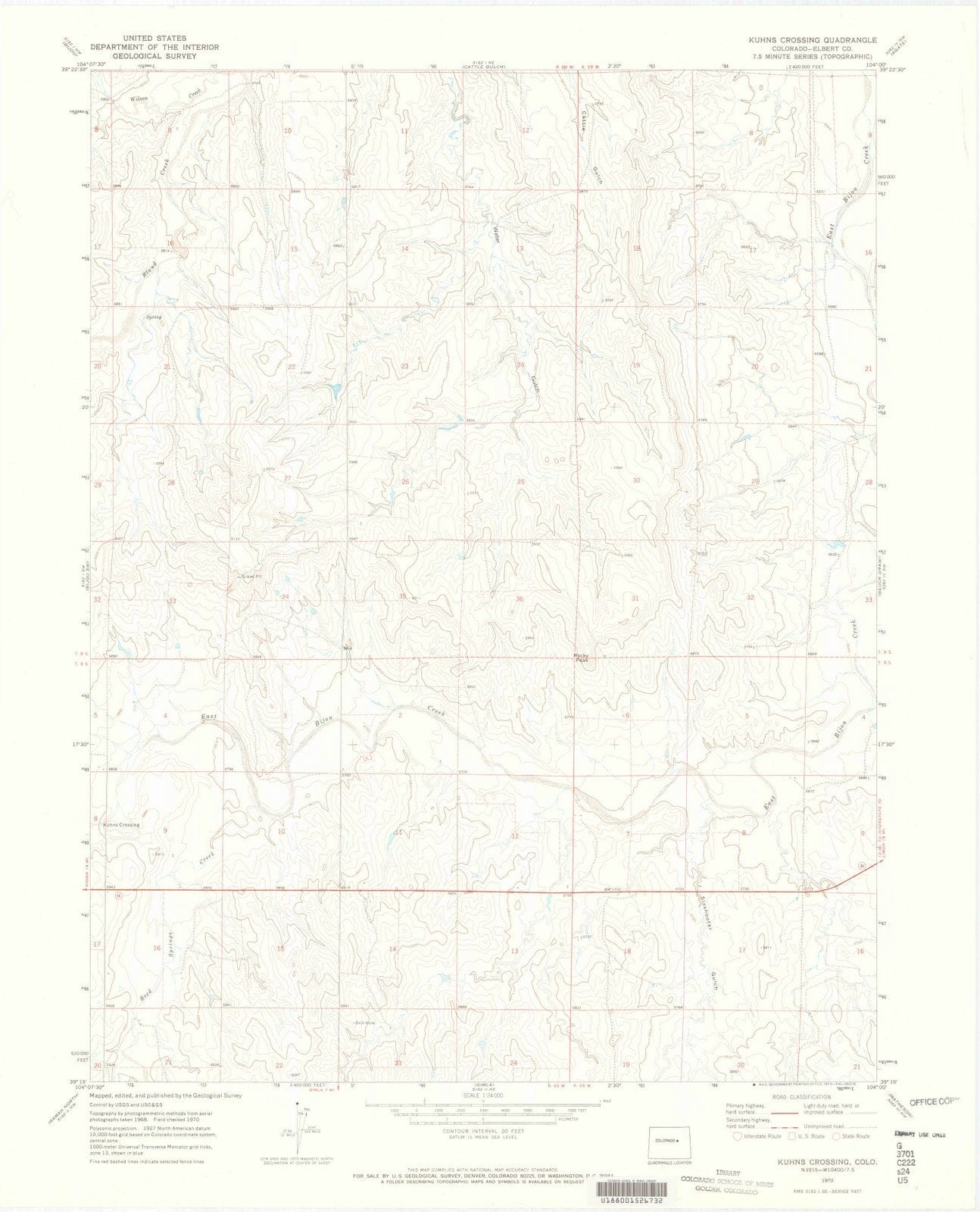 1970 Kuhns Crossing, CO Colorado USGS Topographic Map Historic