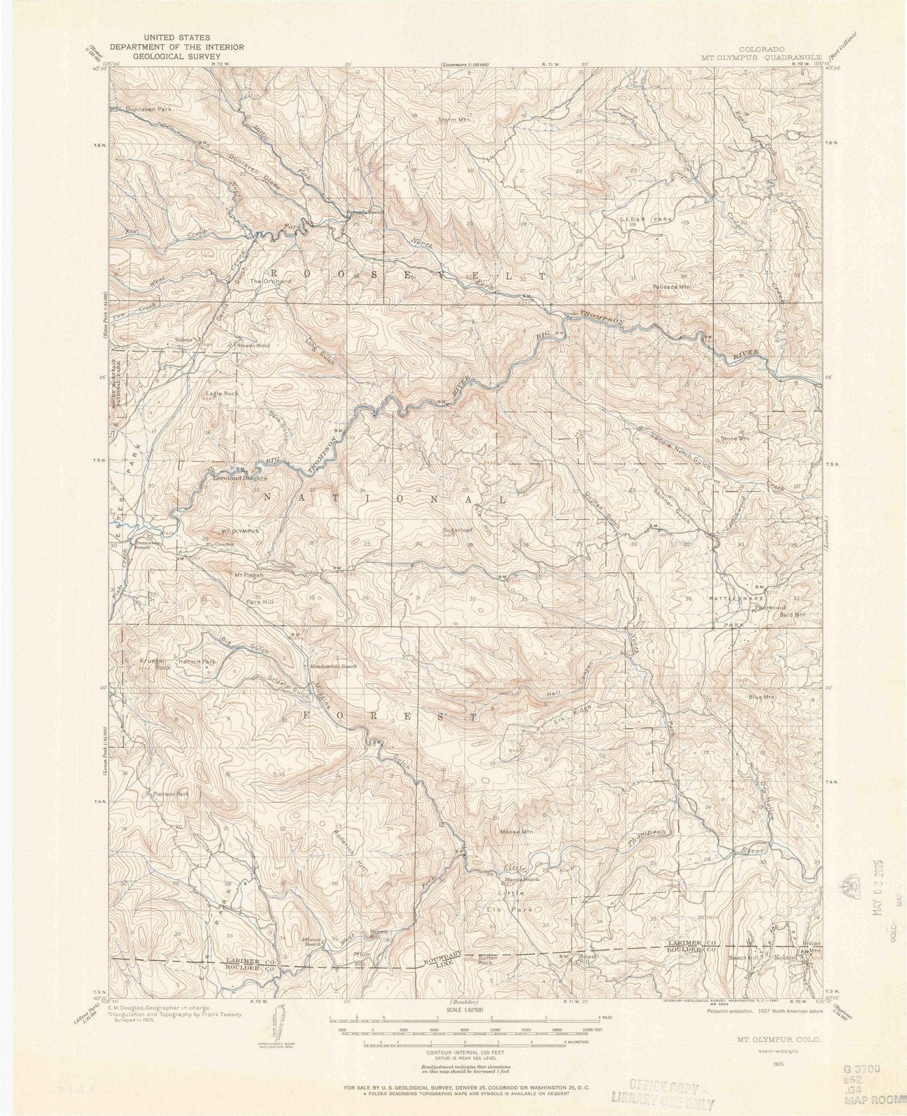 1905 Mount Olympus, CO - Colorado - USGS Topographic Map
