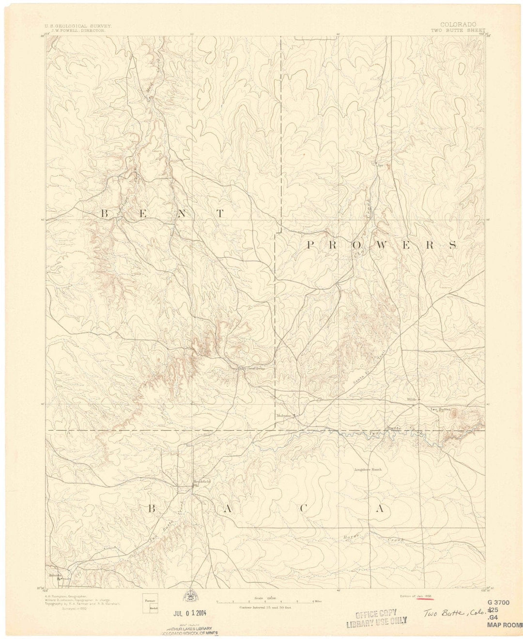1892 Two Butte, CO - Colorado - USGS Topographic Map