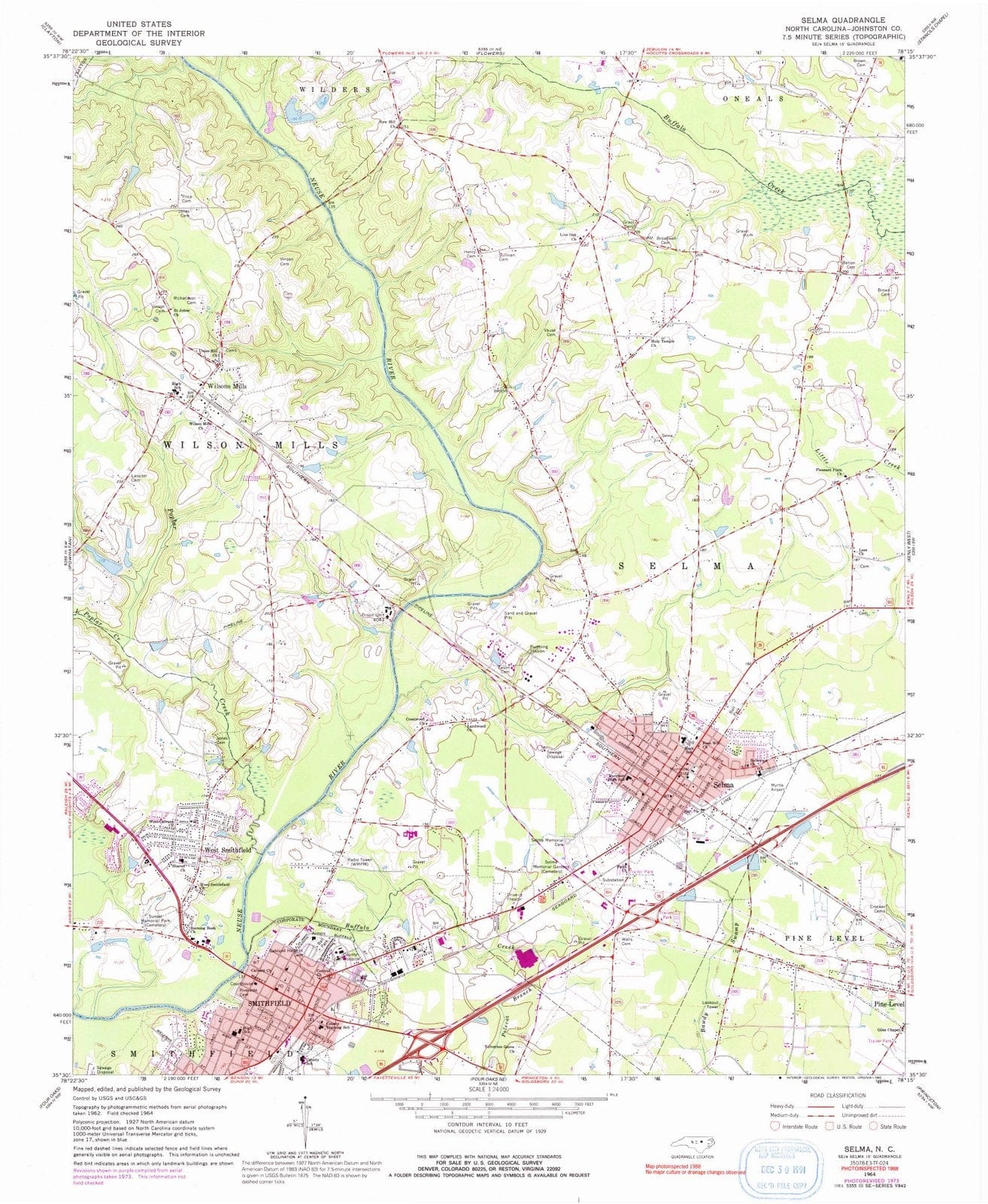 1964 Selma, NC North Carolina USGS Topographic Map Historic Pictoric