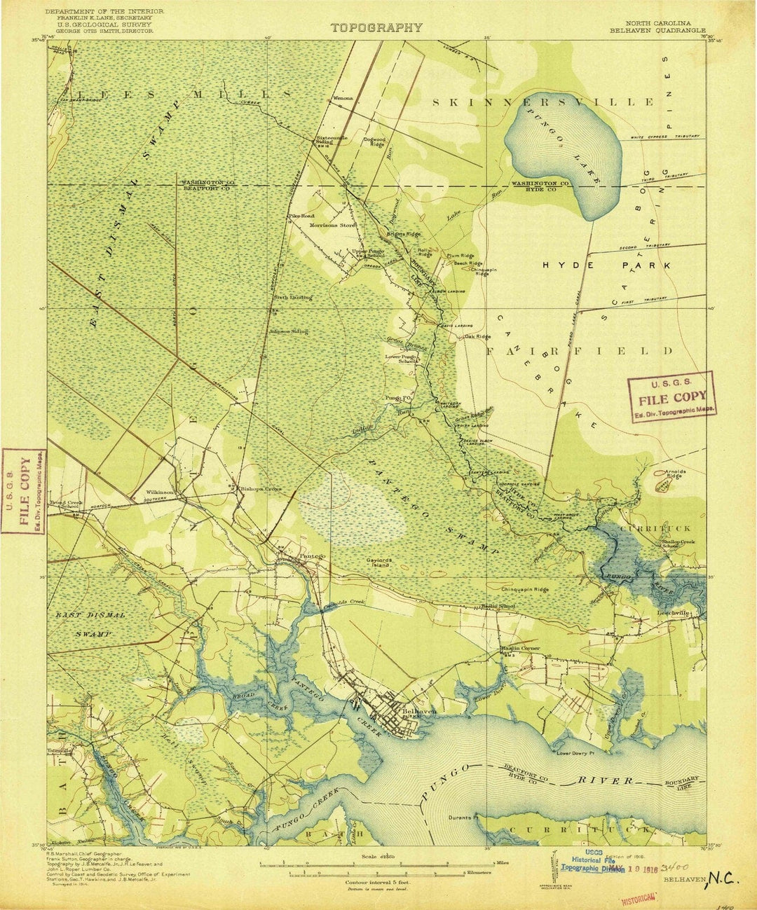 1916 Belhaven, NC - North Carolina - USGS Topographic Map