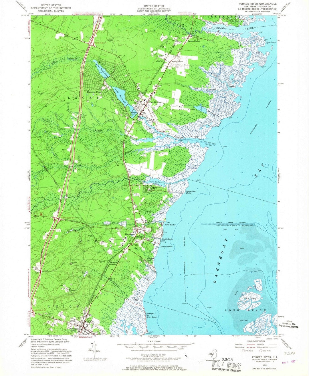 1953 Forked River, NJ - New Jersey - USGS Topographic Map