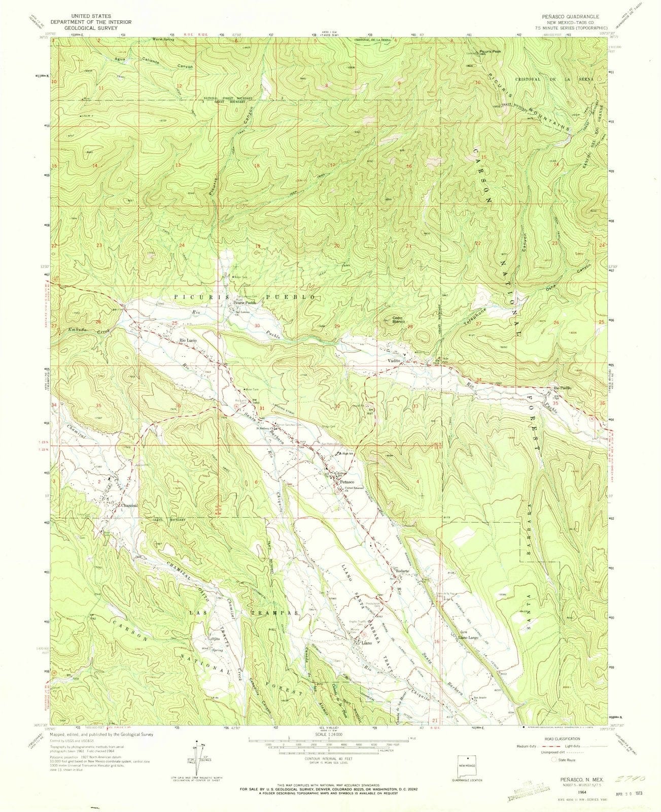 1964 Penasco, NM New Mexico USGS Topographic Map Historic Pictoric