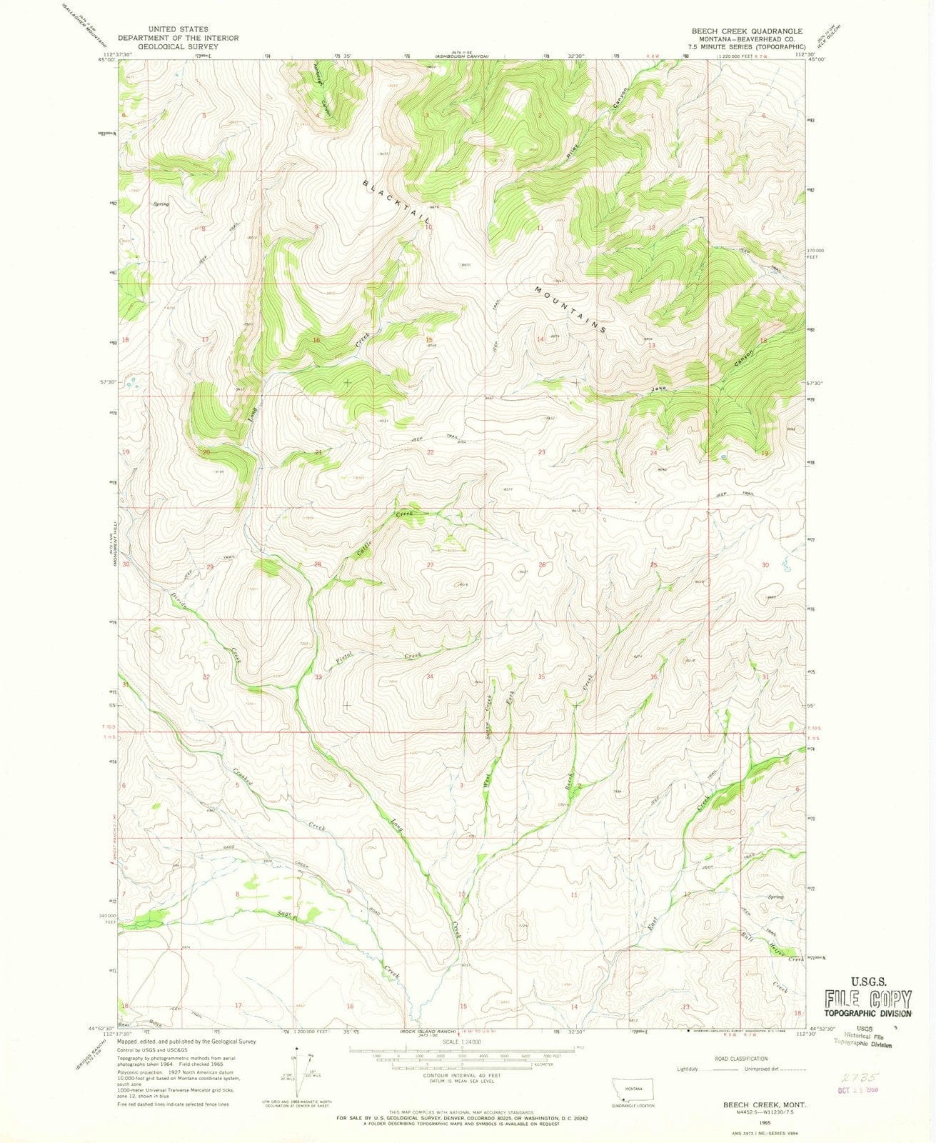 1965 Beech Creek, MT - Montana - USGS Topographic Map