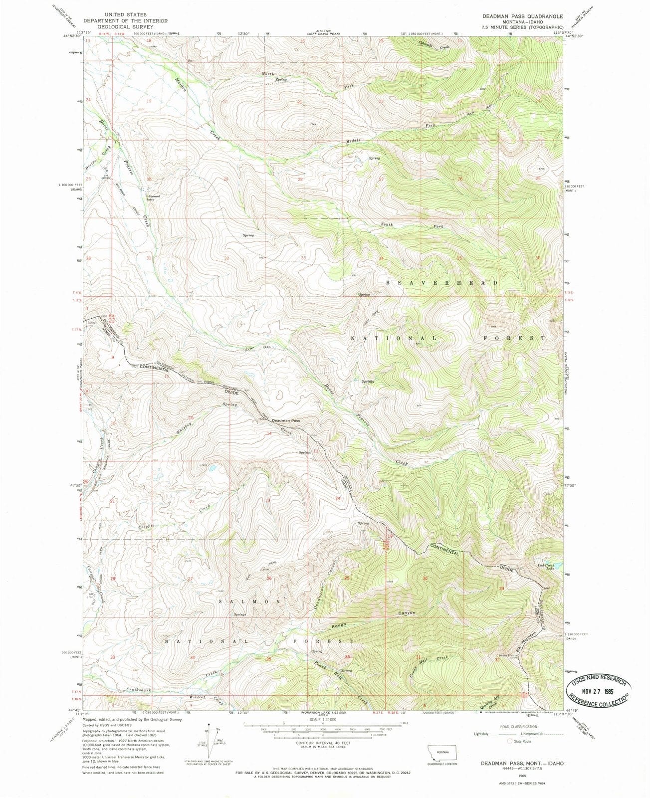 1965 Deadman Pass, MT - Montana - USGS Topographic Map