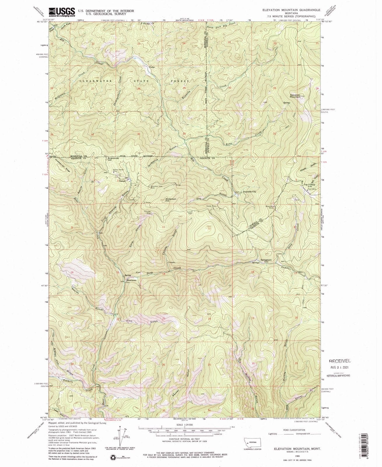 1965 Elevation Mountain, MT - Montana - USGS Topographic Map