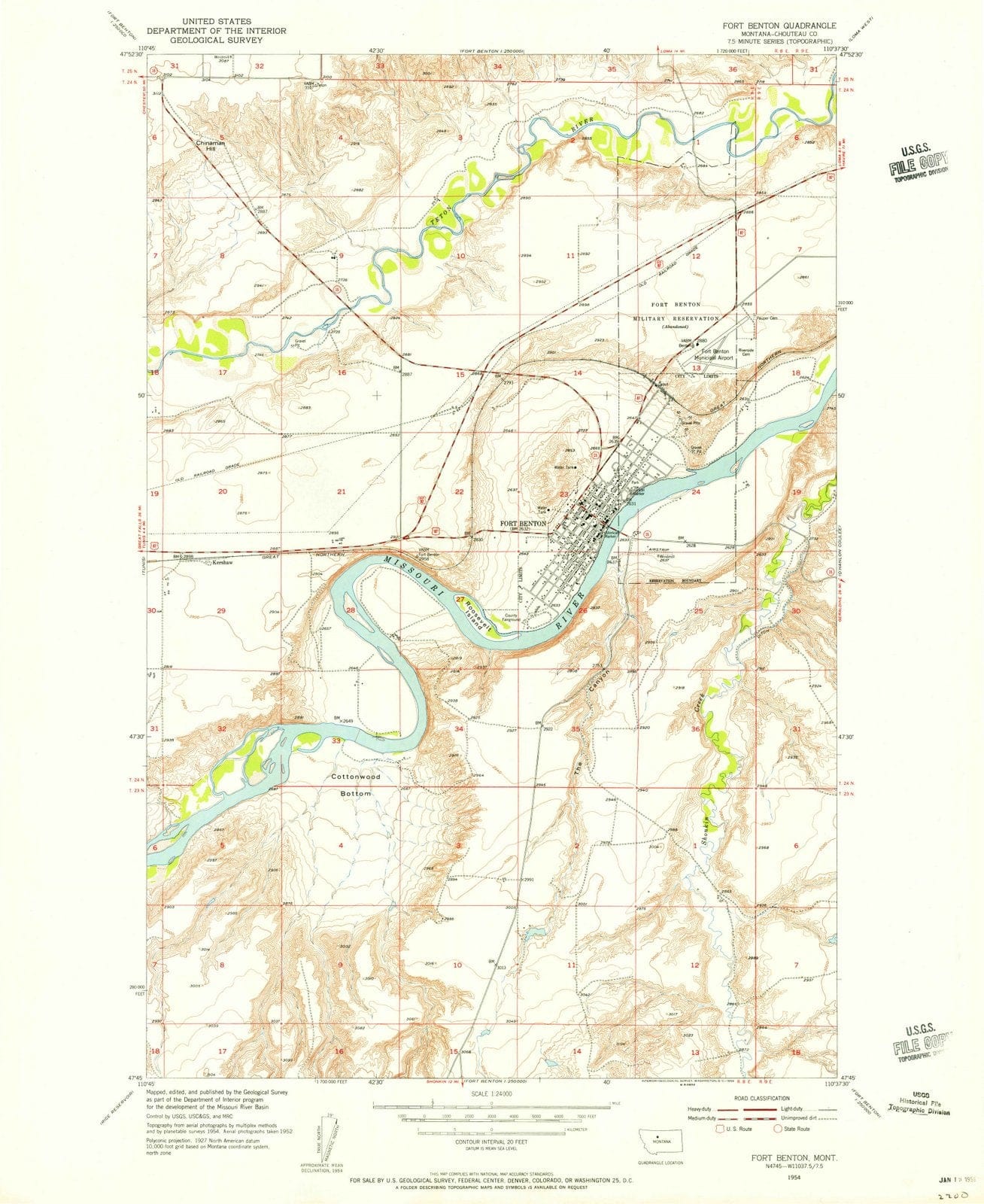 1954 Fort Benton, MT Montana USGS Topographic Map Historic Pictoric