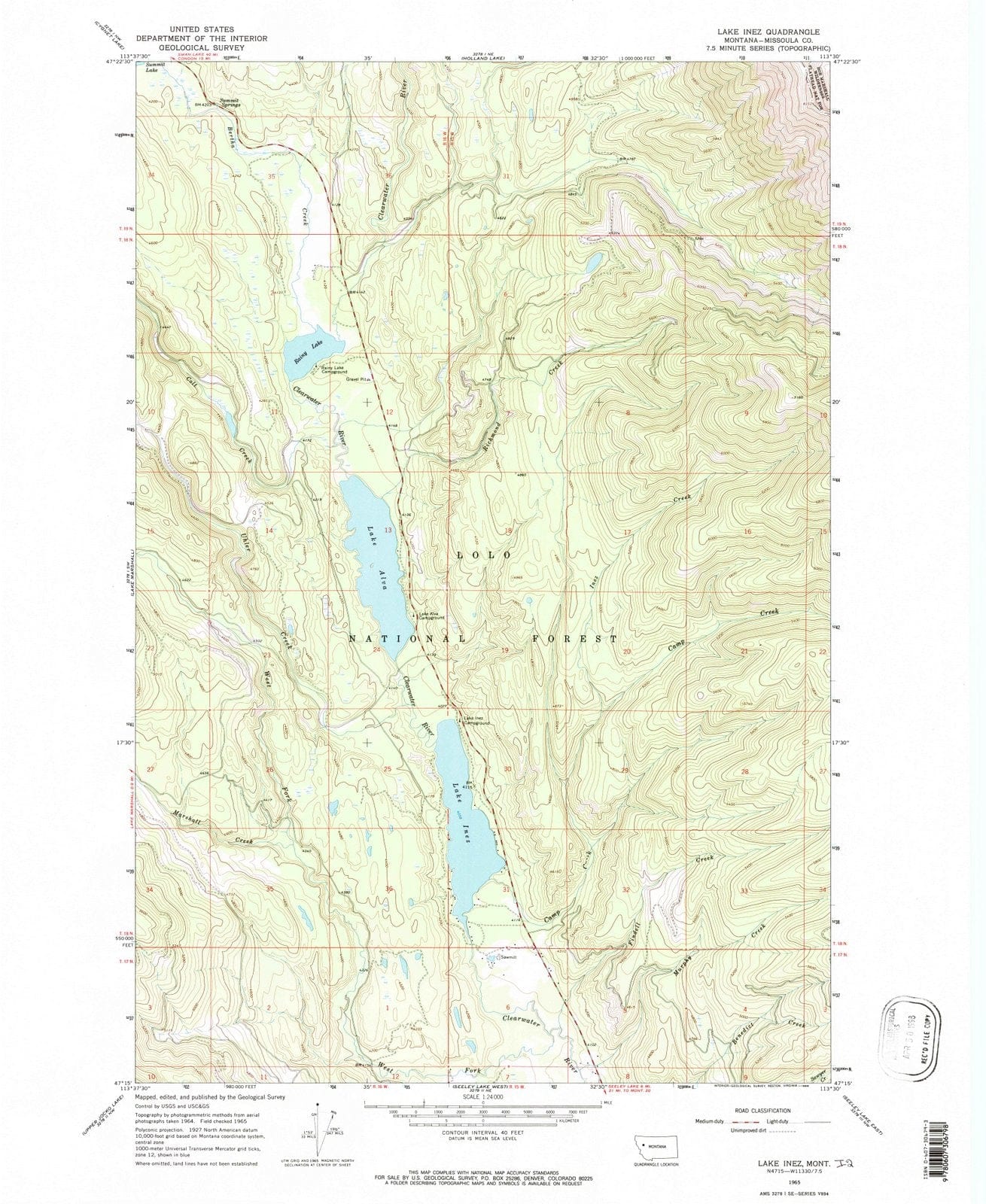1965 Lake Inez, MT Montana USGS Topographic Map Historic Pictoric