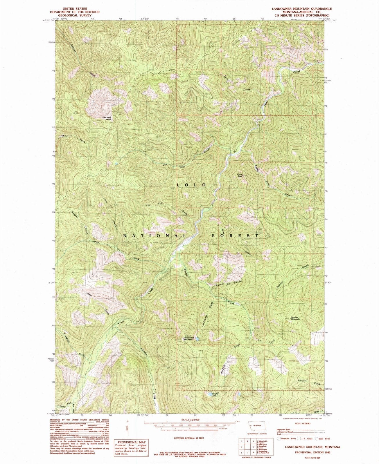 1985 Landowner Mountain, MT Montana USGS Topographic Map Historic