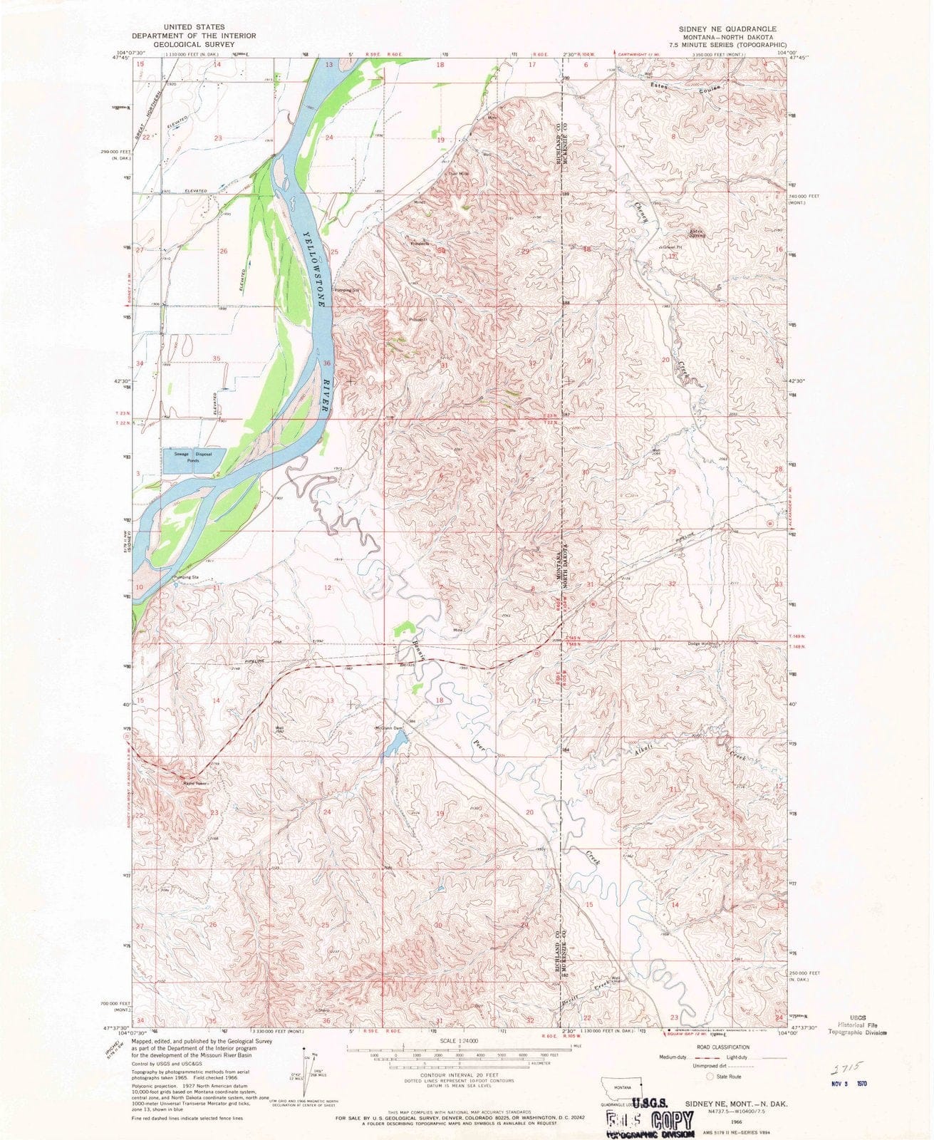 1966 Sidney, MT Montana USGS Topographic Map Historic Pictoric