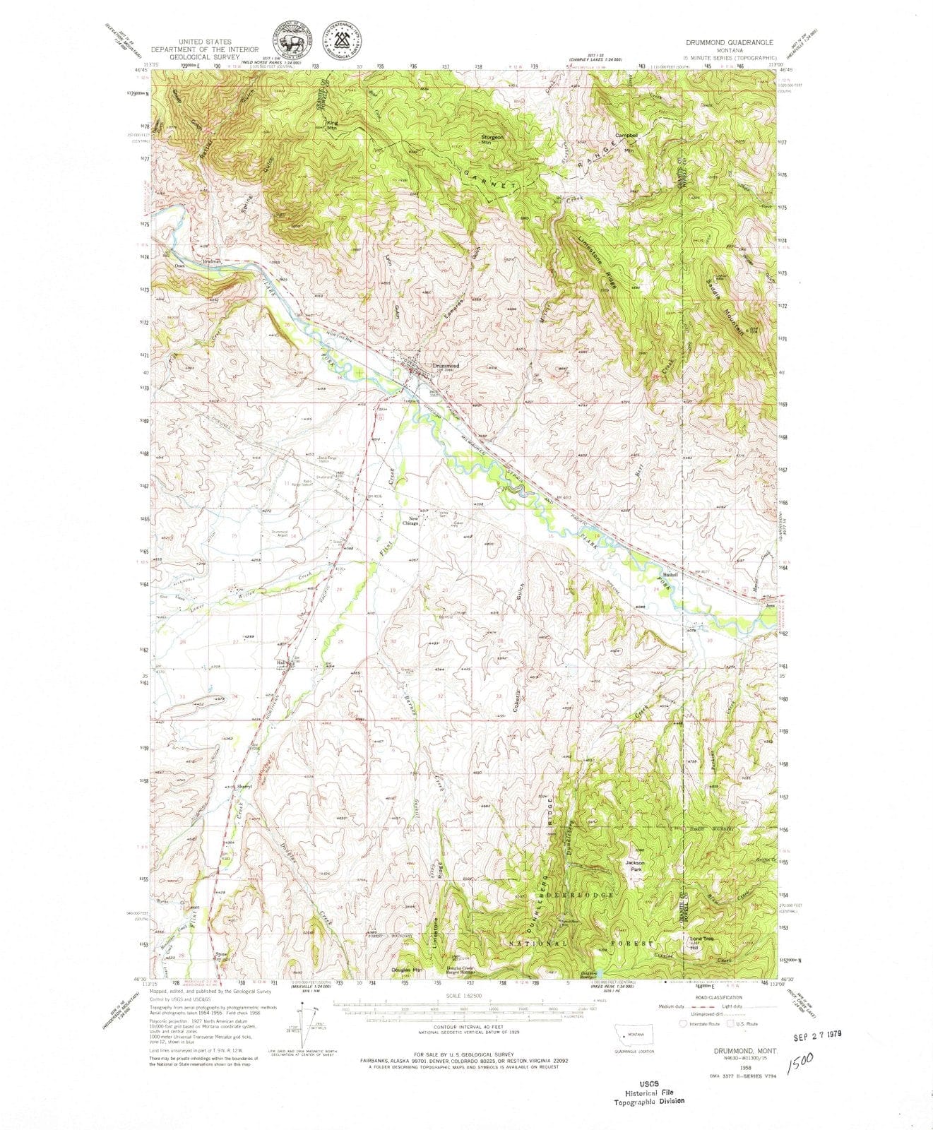 1958 Drummond, MT Montana USGS Topographic Map Historic Pictoric