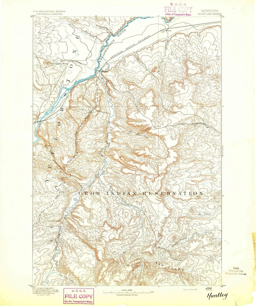 1893 Huntley, MT - Montana - USGS Topographic Map