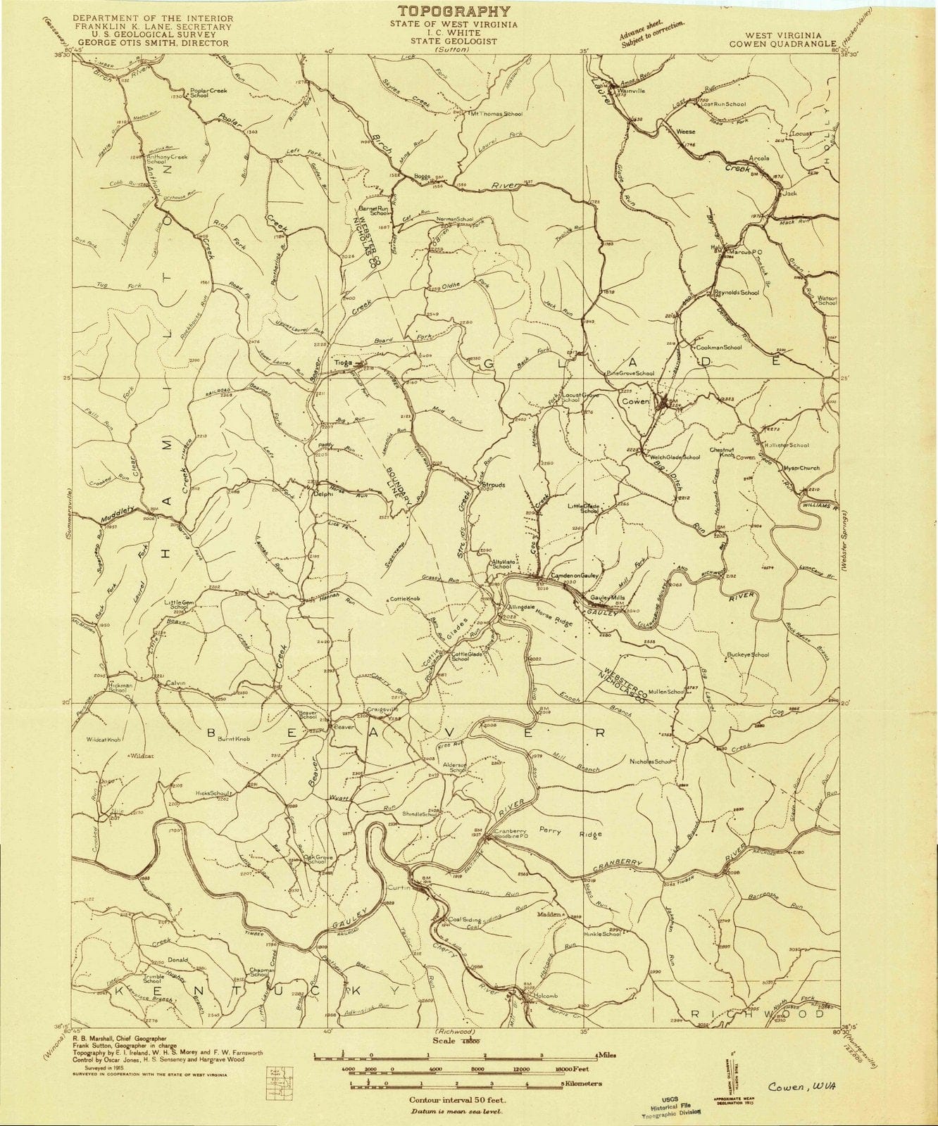 1915 Cowen, WV - West Virginia - USGS Topographic Map